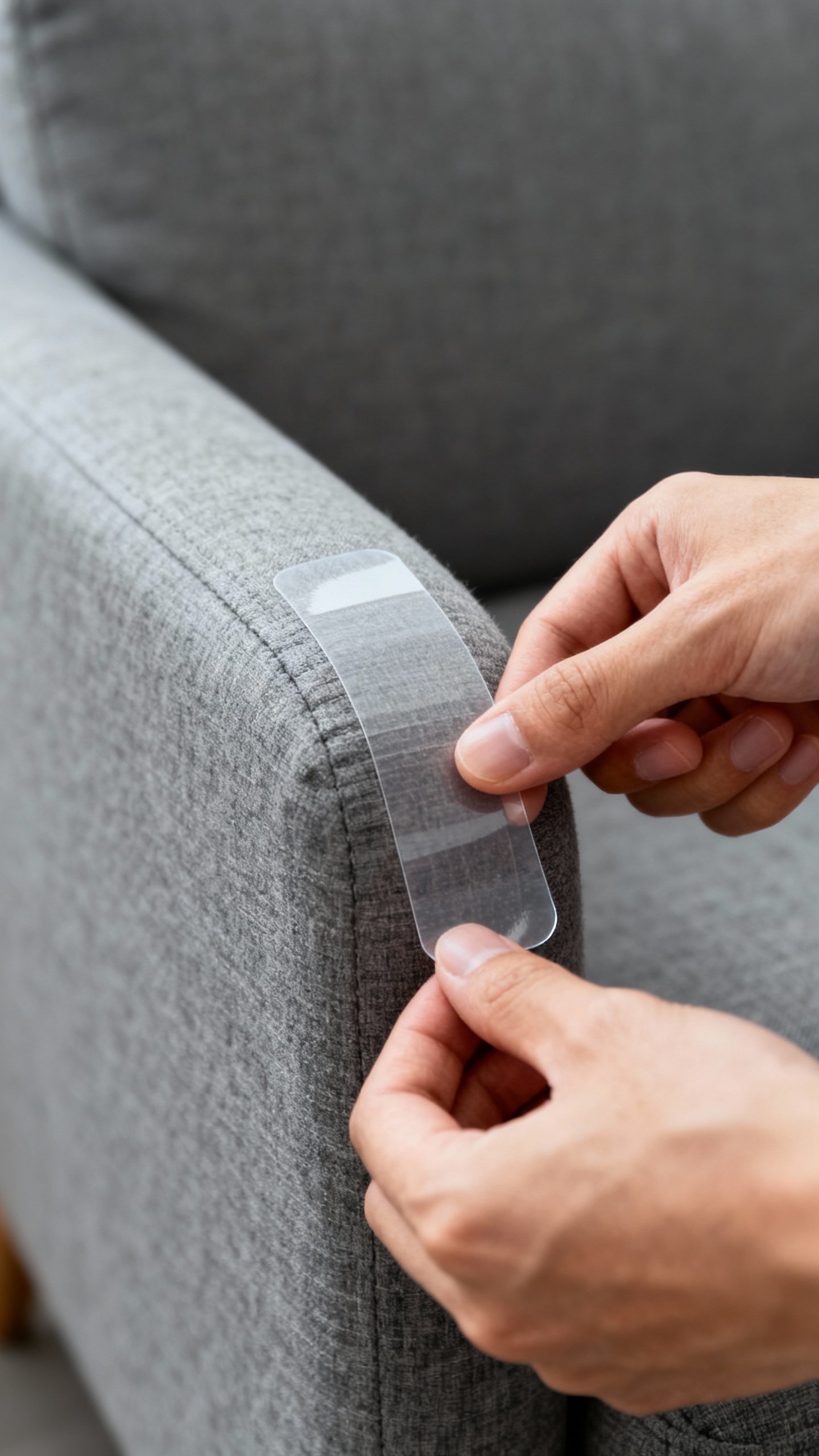 Hands applying clear sticky strips to gray sofa arm closeup
