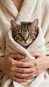 Hands making towel burrito around tabby cat, soft blanket texture