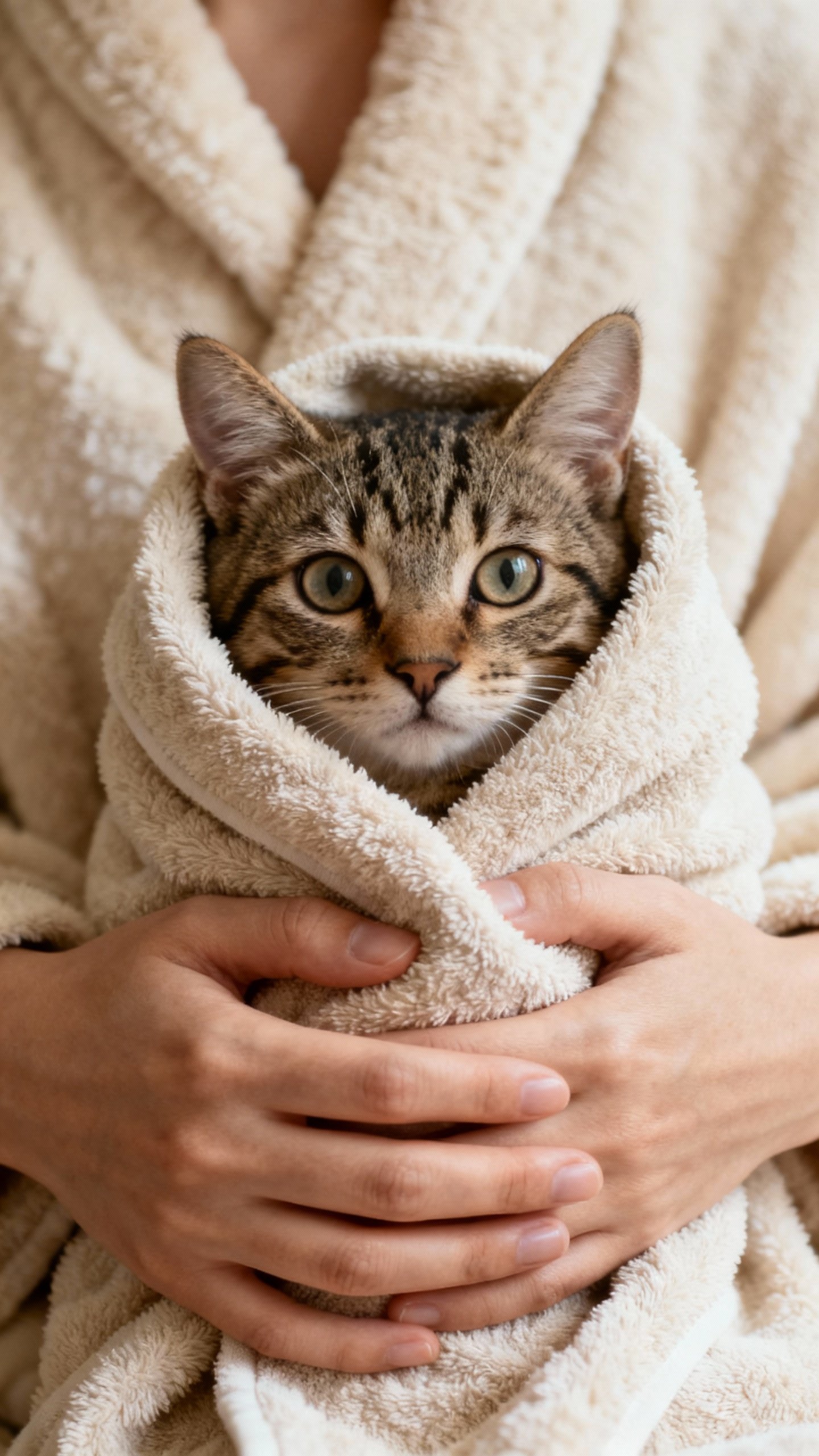 Hands making towel burrito around tabby cat, soft blanket texture