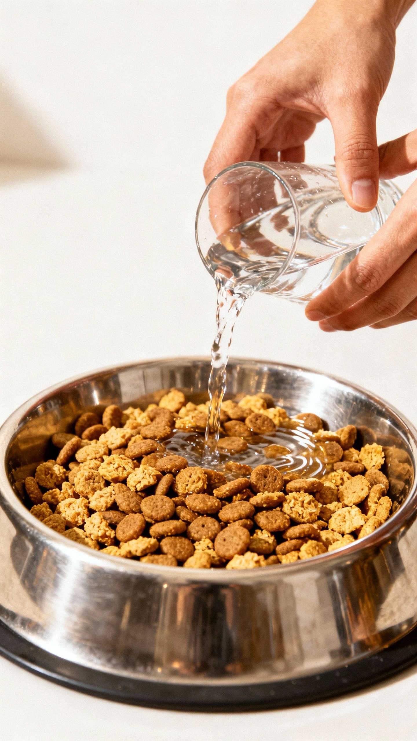 Hands pouring water over dry kibble topper in stainless bowl