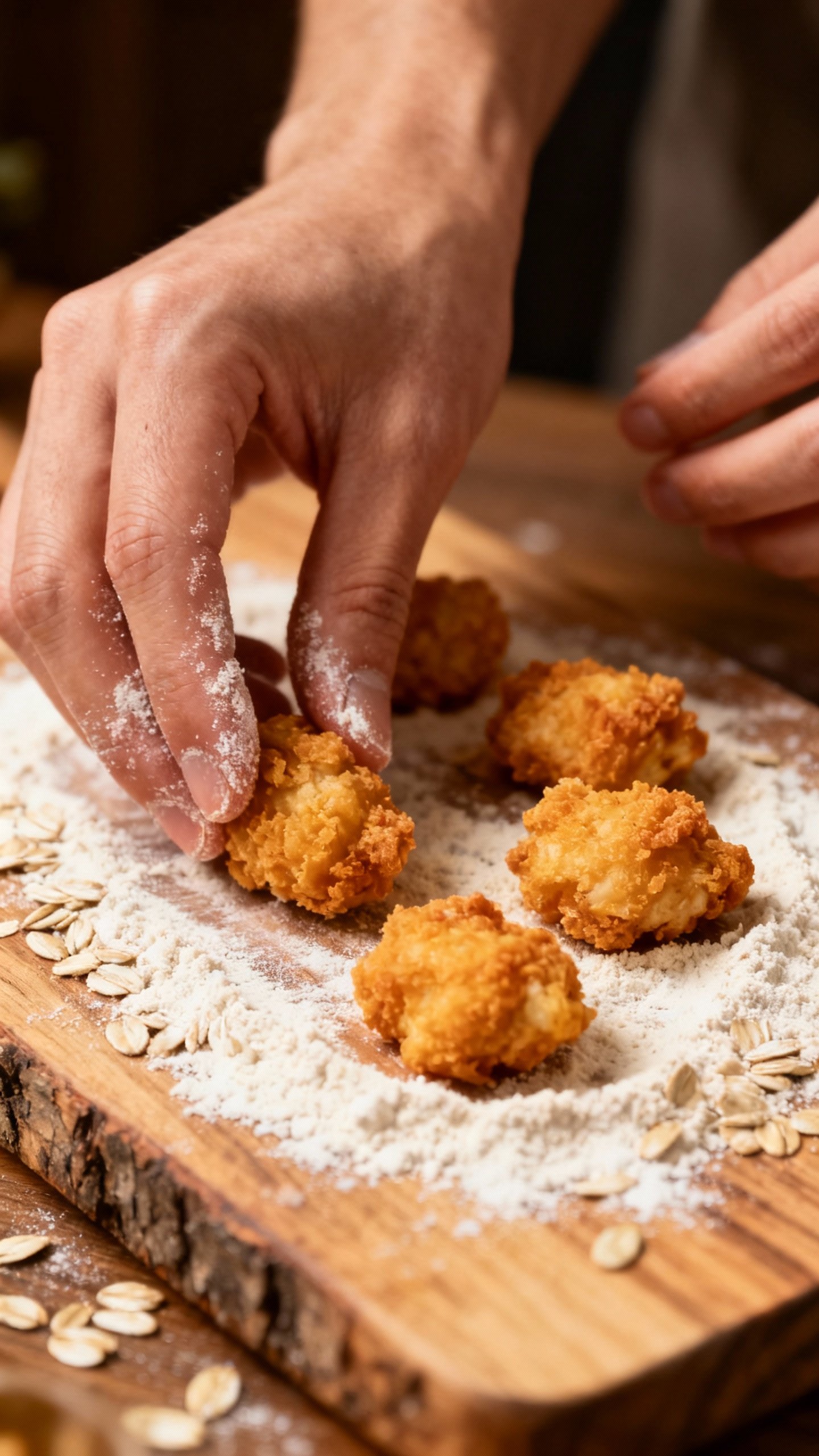 Hands rolling chicken crunch bites, oat flour dusted board
