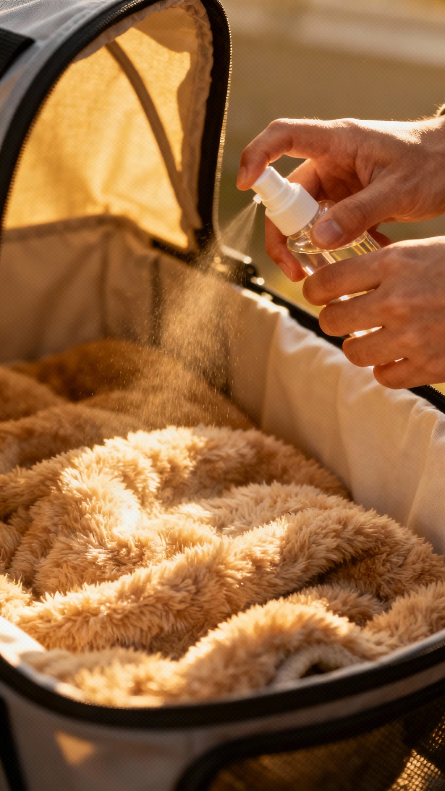 Hands spraying pheromone on soft blanket inside carrier, warm lighting