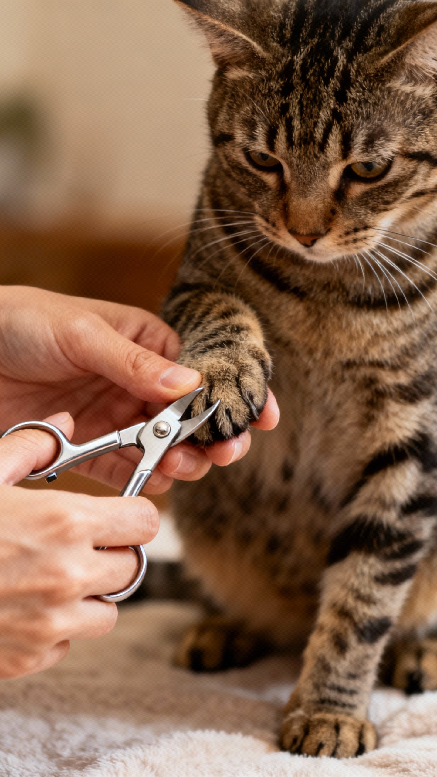 Hands trimming a tabby cat’s claws with silver clippers, soft light