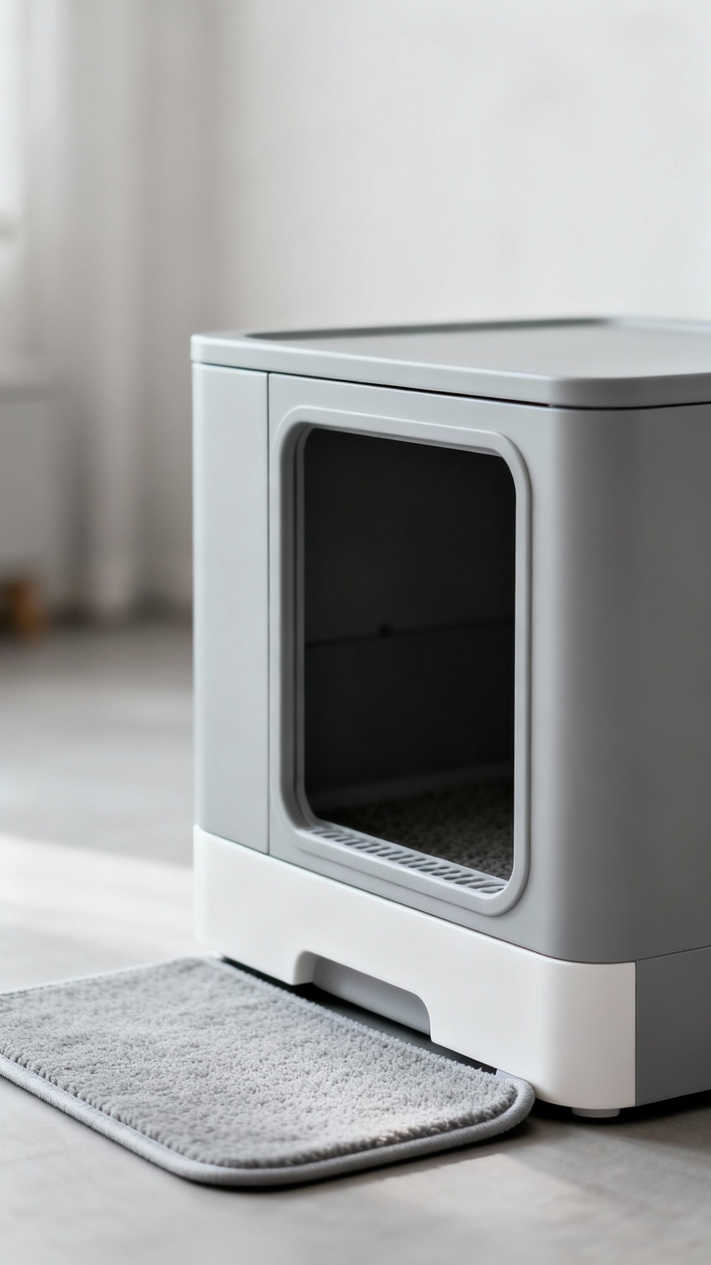 Hidden litter cabinet with side entrance and washable mat, closeup