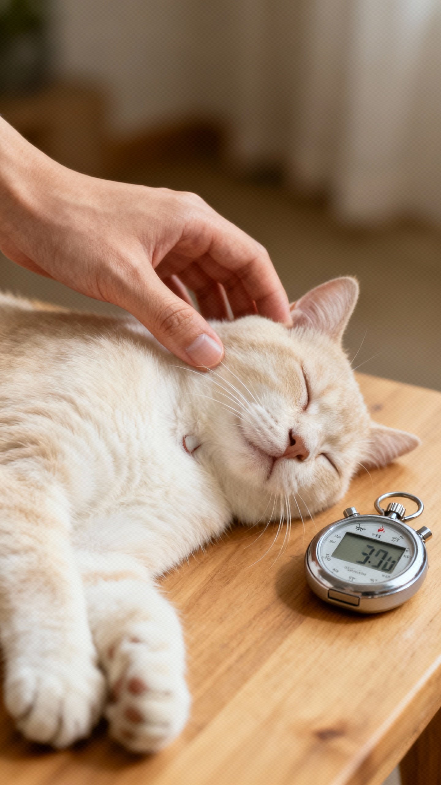 Human hand counting sleeping cat breaths, chest rising, stopwatch