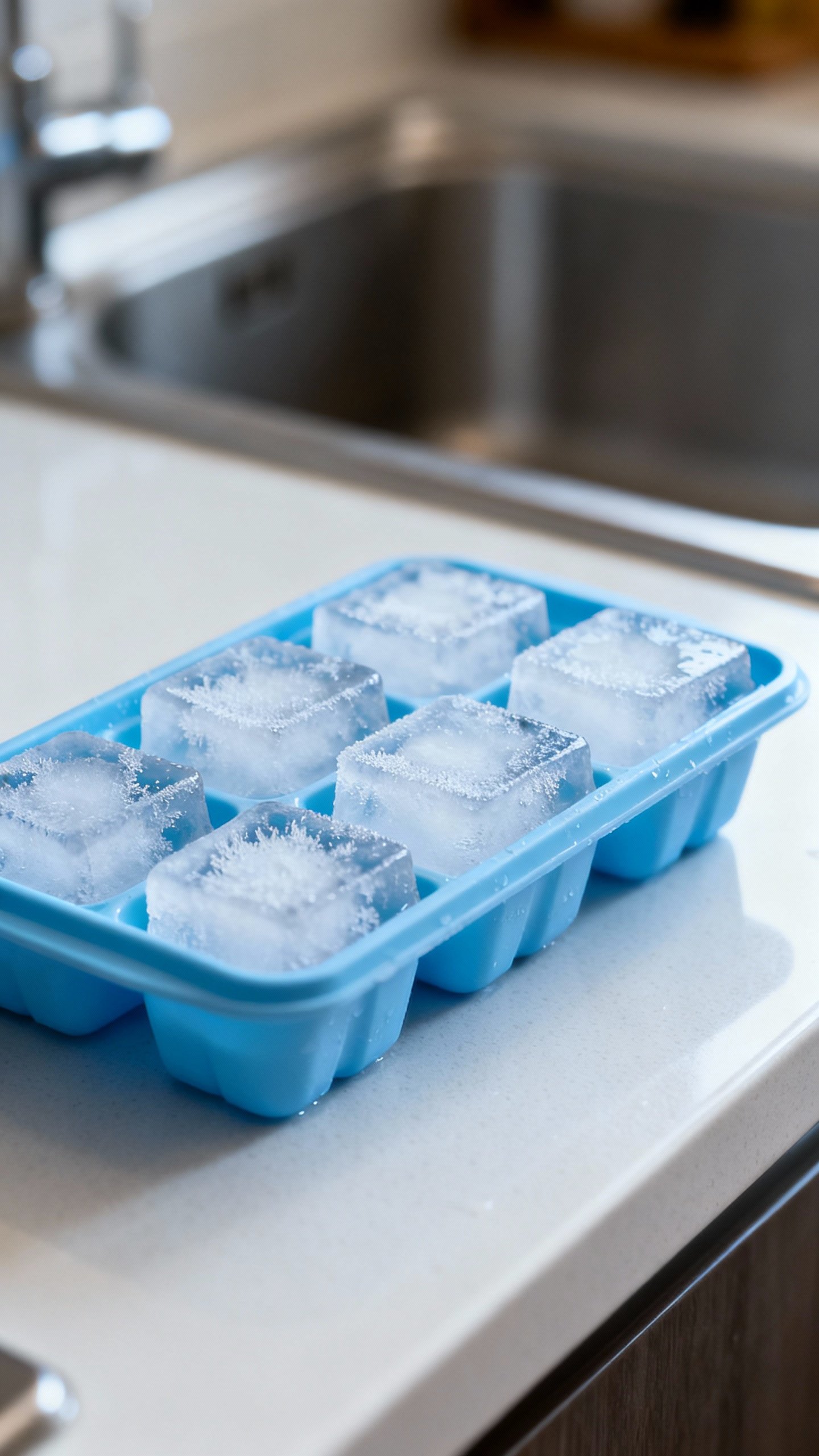 Ice tray of tuna water pops, frosty cubes, kitchen counter