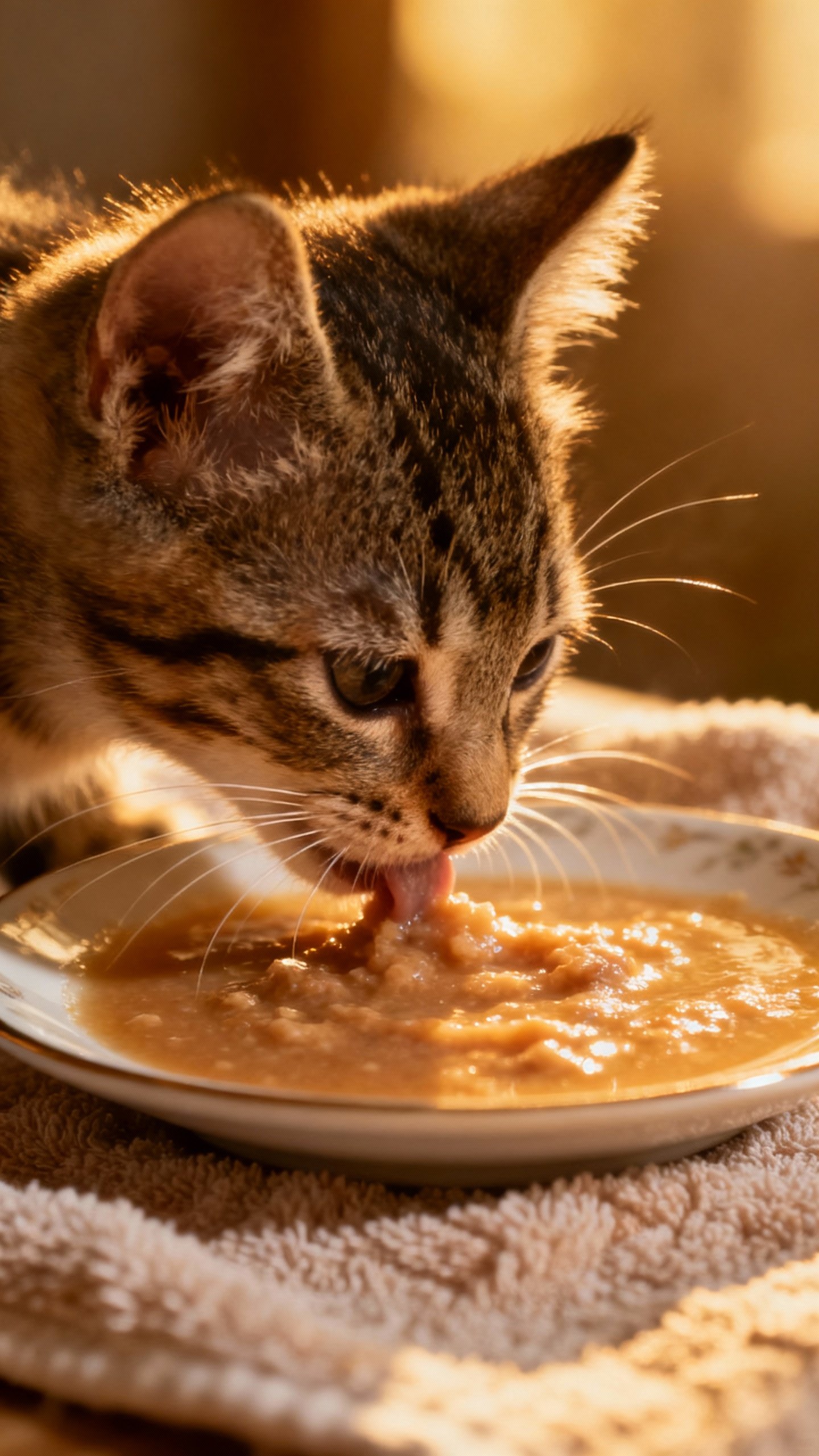 Kitten lapping warm food slurry from saucer, tiny whiskers, soft towel background