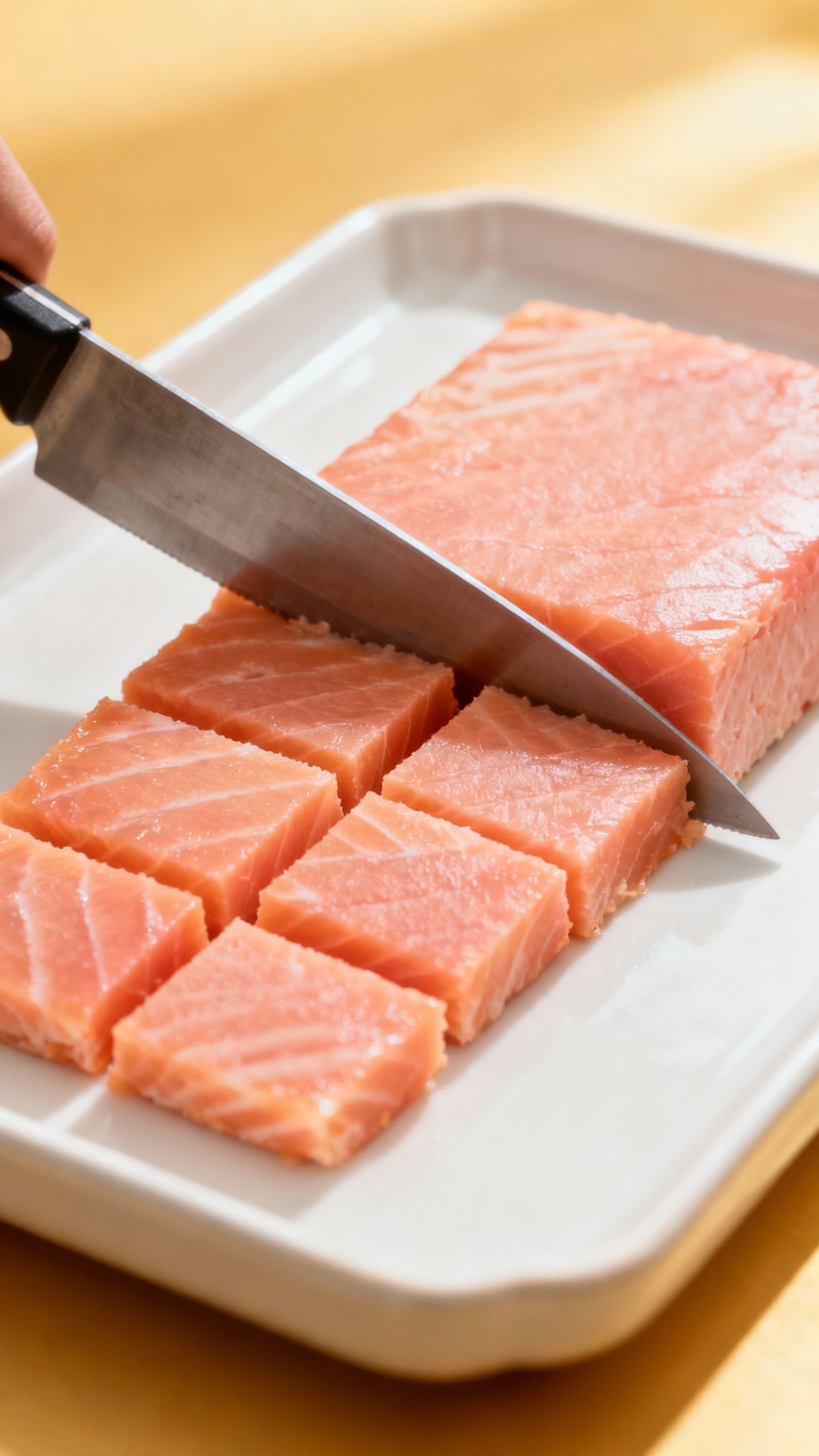 Knife cutting salmon softie squares, 1/4-inch slab on tray