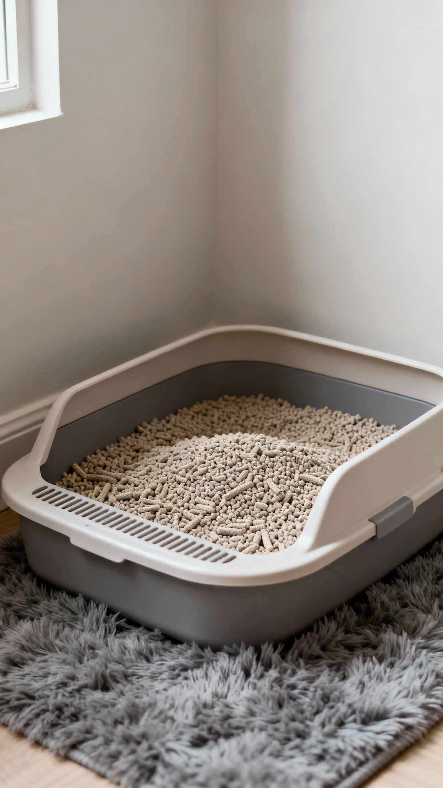 Litter box in quiet corner, unscented clumping litter, low-entry, gray rug