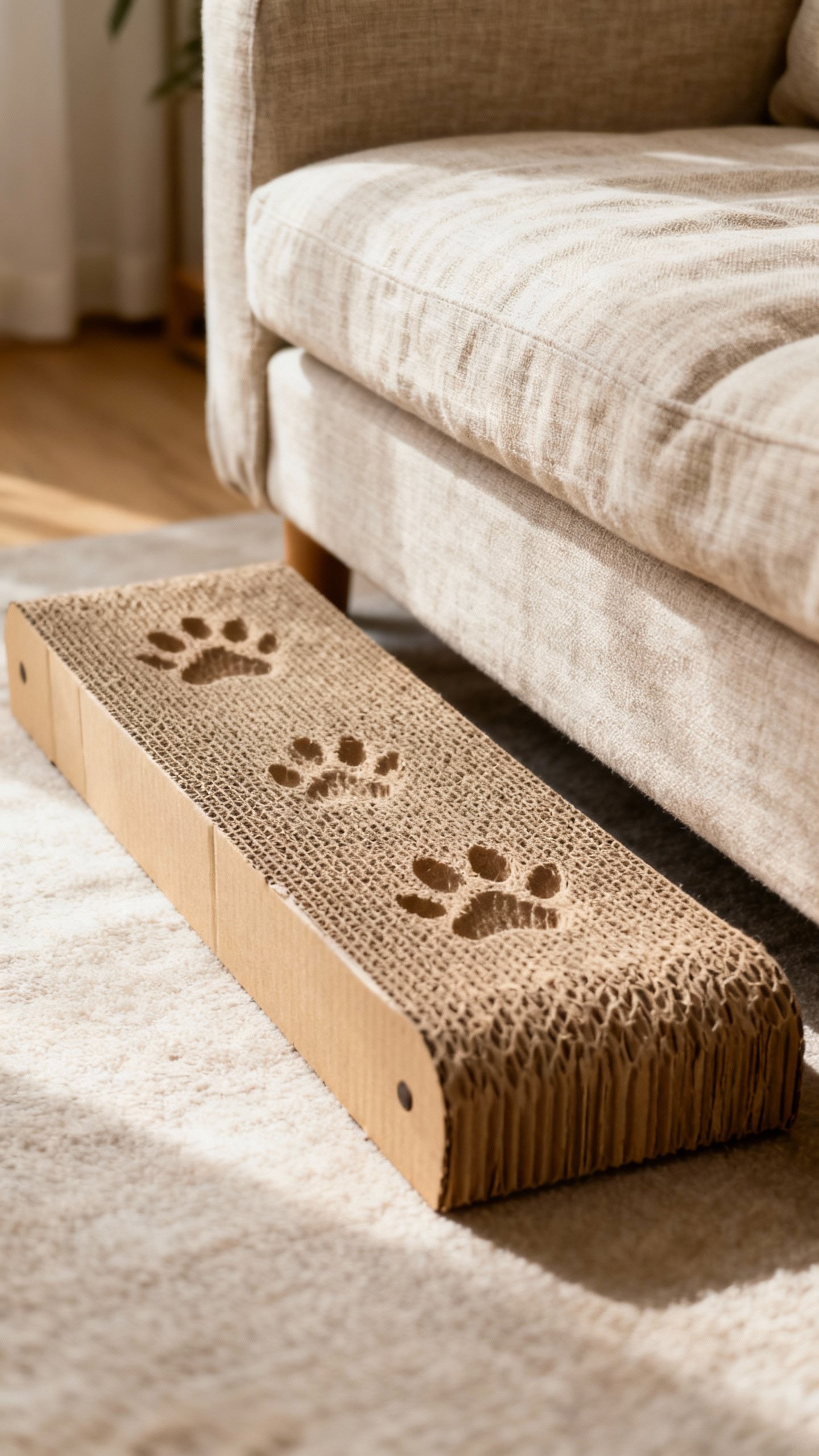 Low, wide cardboard horizontal scratcher beside linen sofa, cat paws