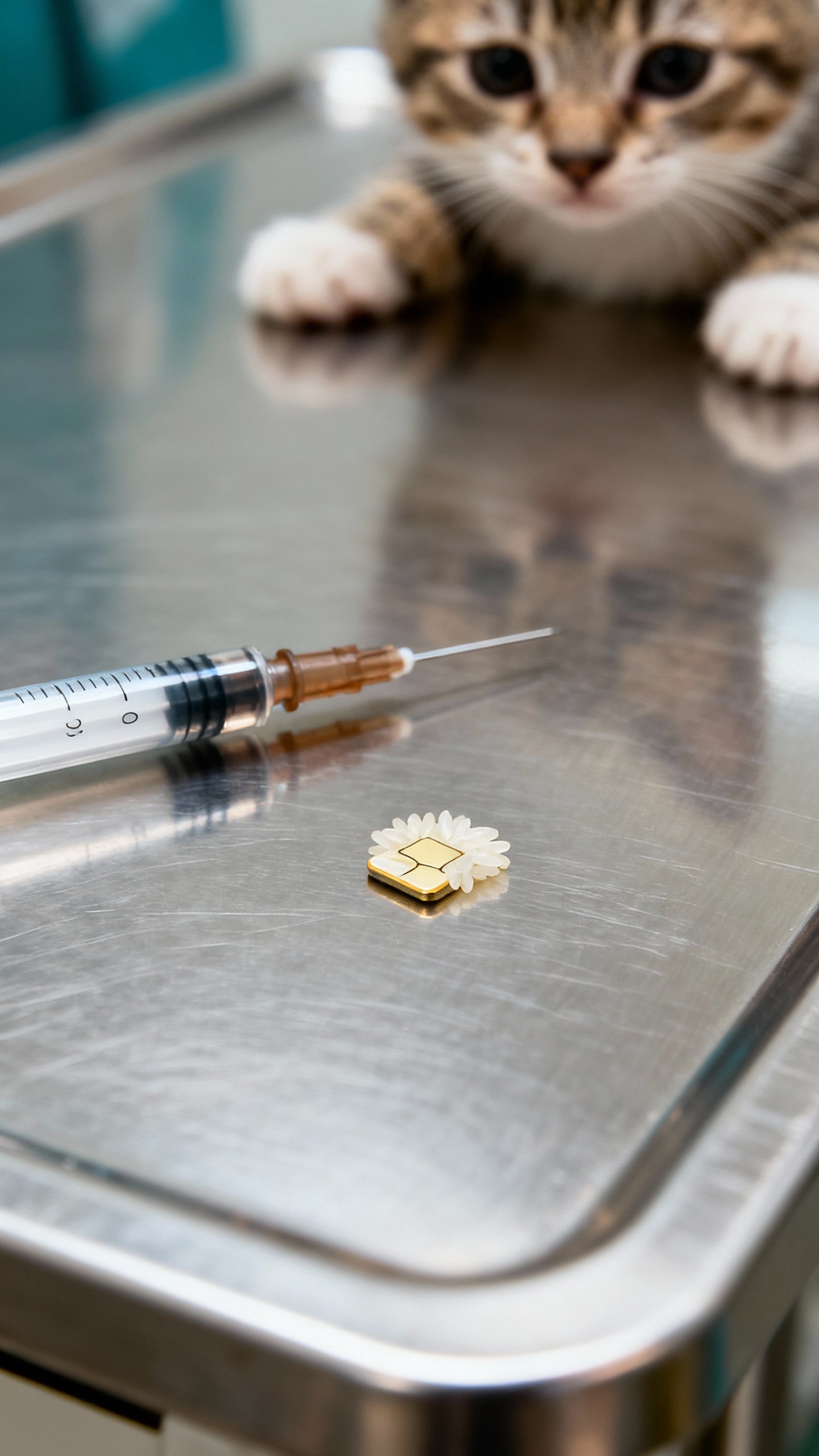 Macro shot of kitten microchip syringe and rice-sized chip on stainless exam table