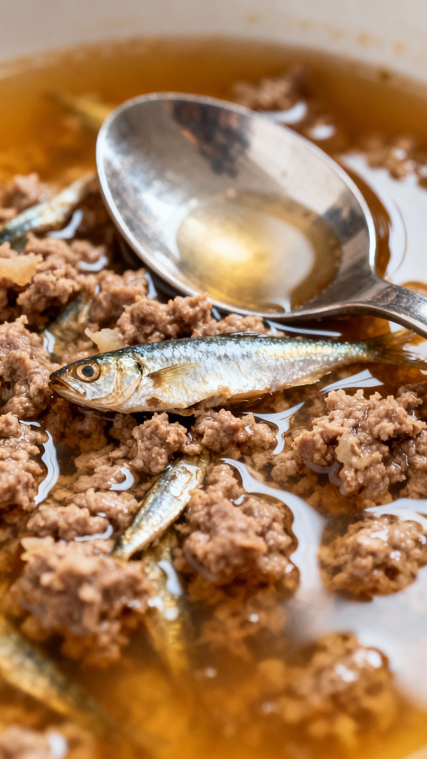 Macro shot of sardines in water mashed into browned ground beef, glossy bone broth sheen, stainless 
