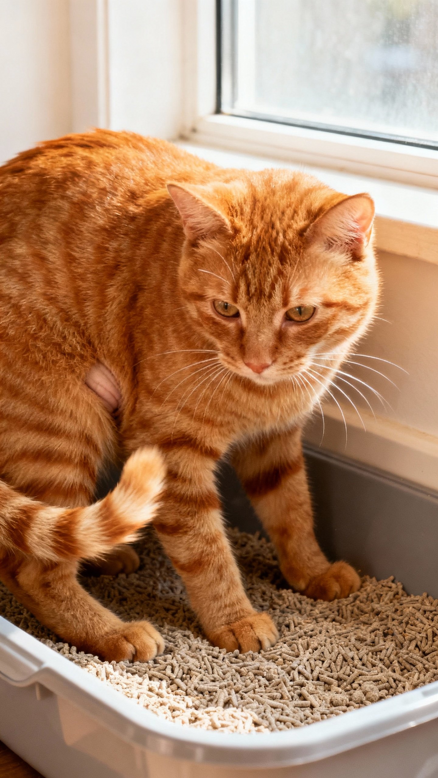 Male orange tabby straining in litter box, tense abdomen