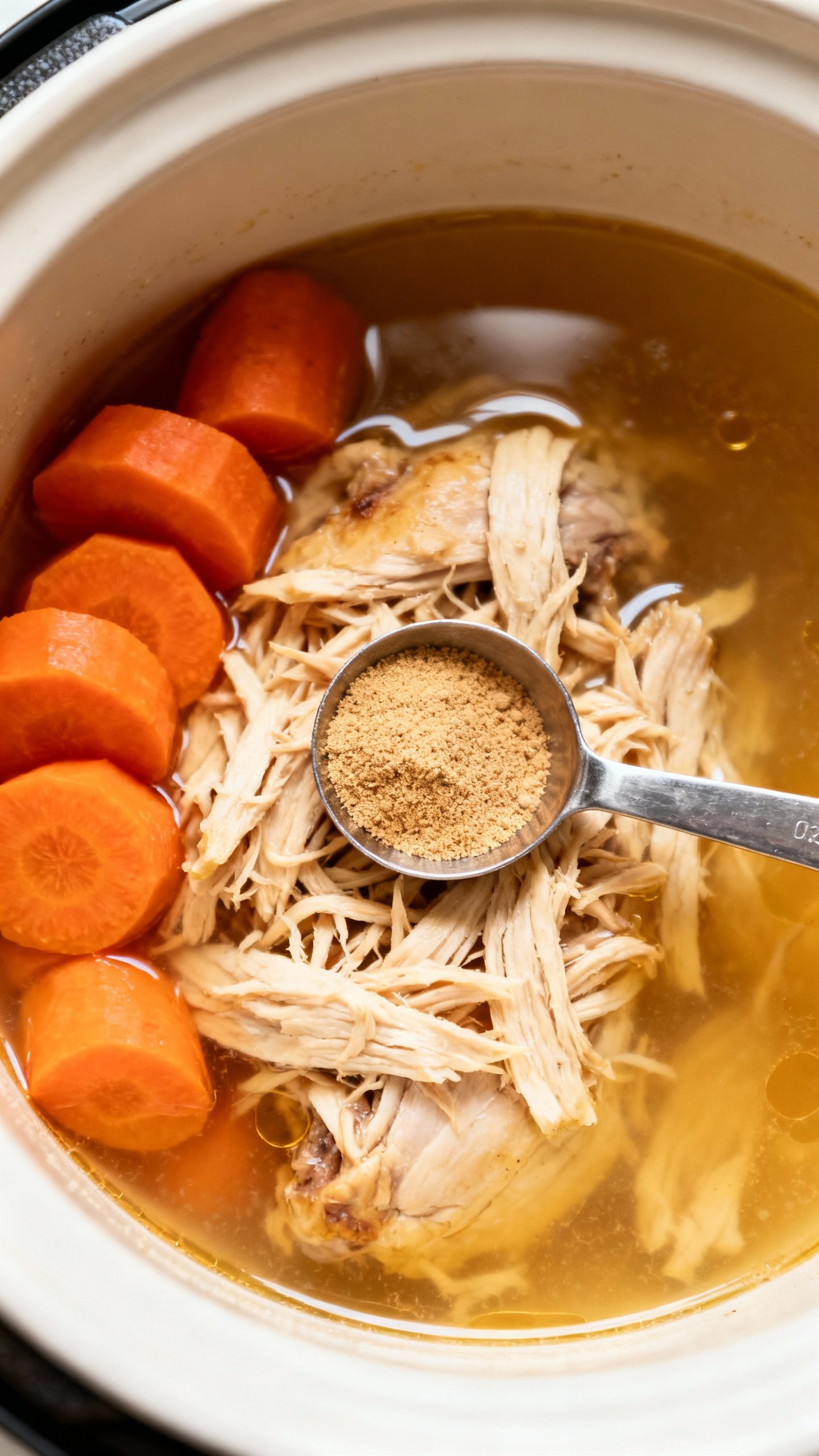 Overhead of shredded slow-cooker chicken thighs in broth, large carrot pieces pushed aside, measurin