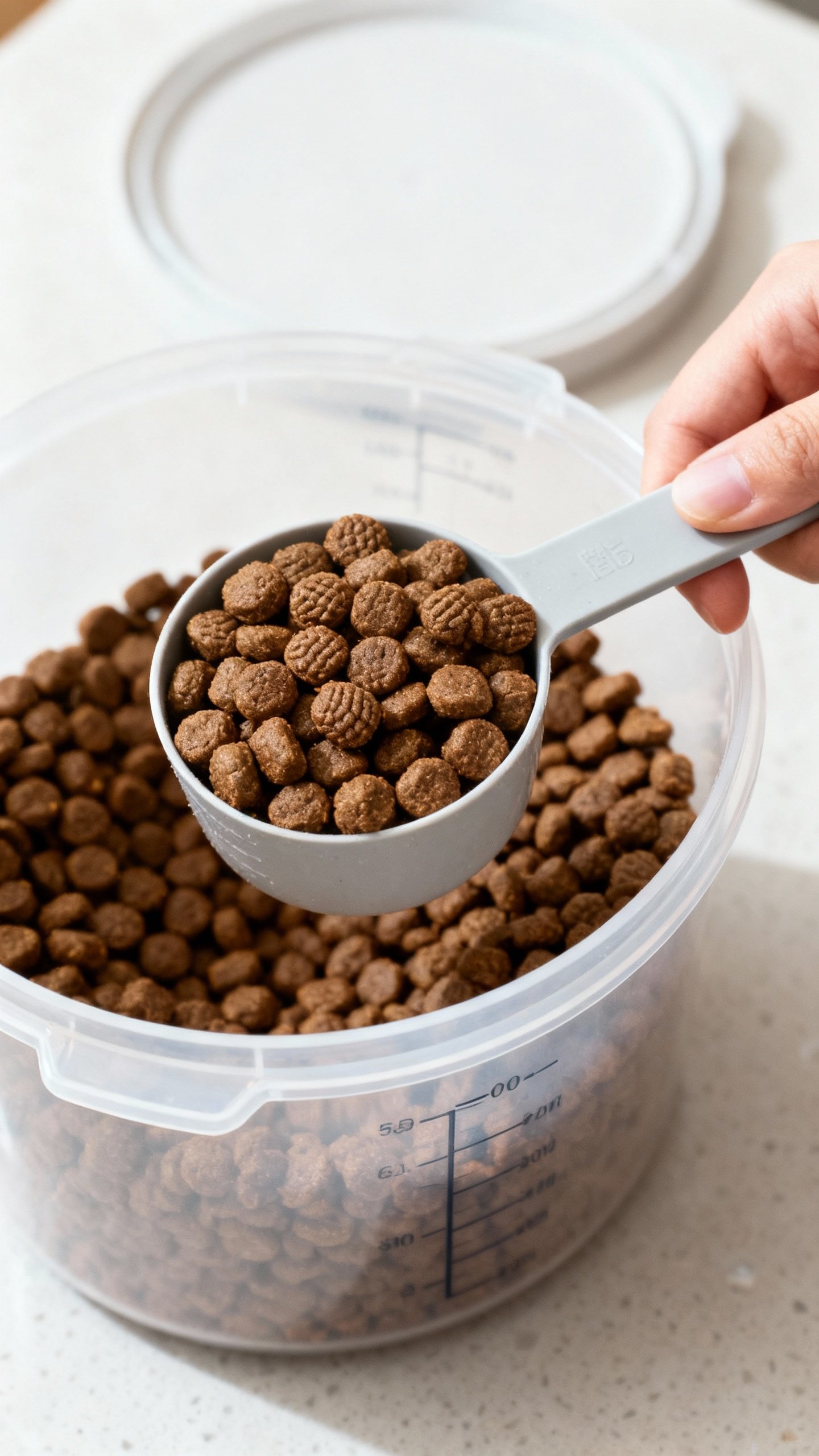Overhead shot of measuring cup scooping brown kibble from airtight container, textured pellets, clea