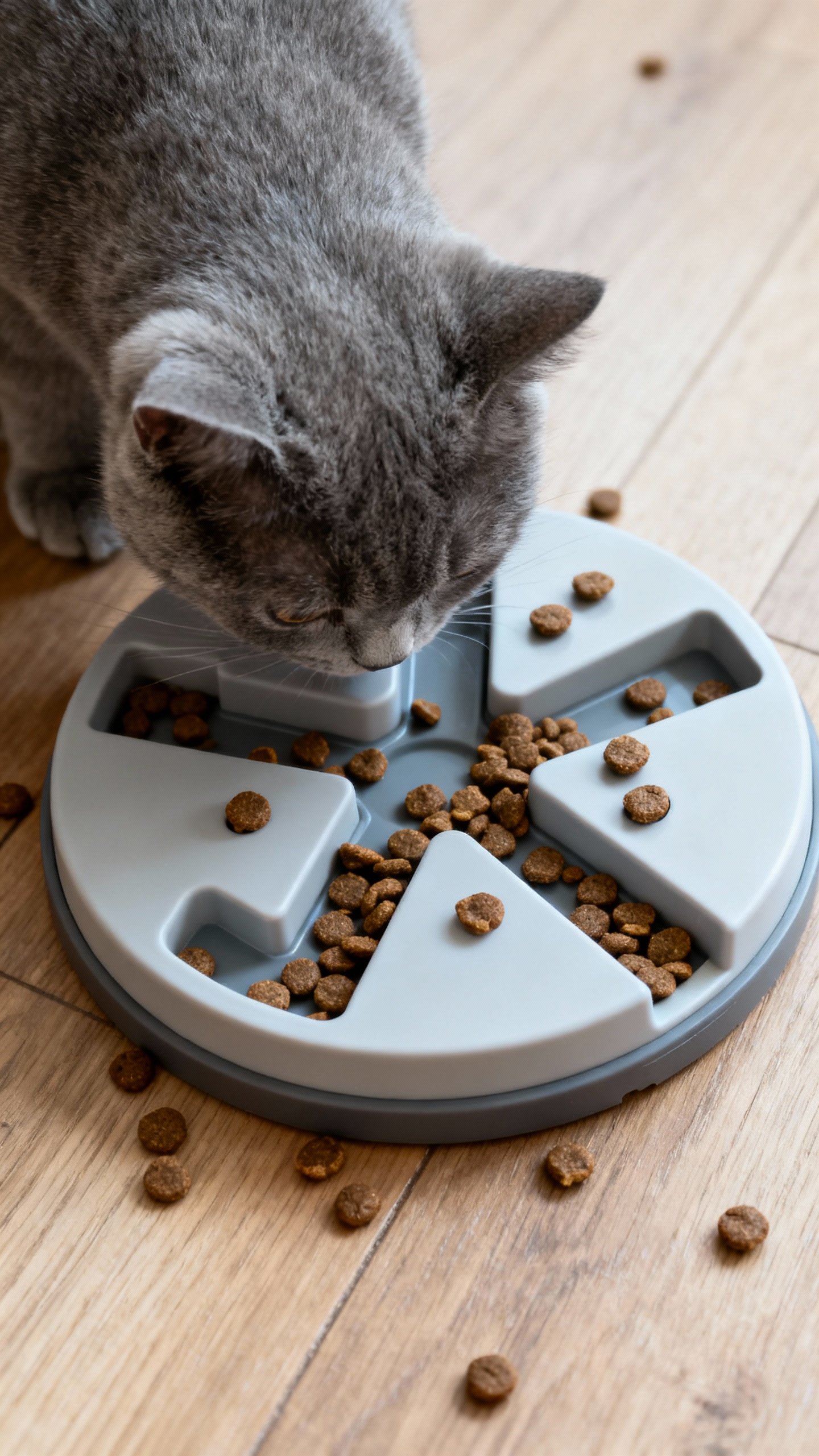 Overhead shot of puzzle feeder toy with kibble, grey cat investigating