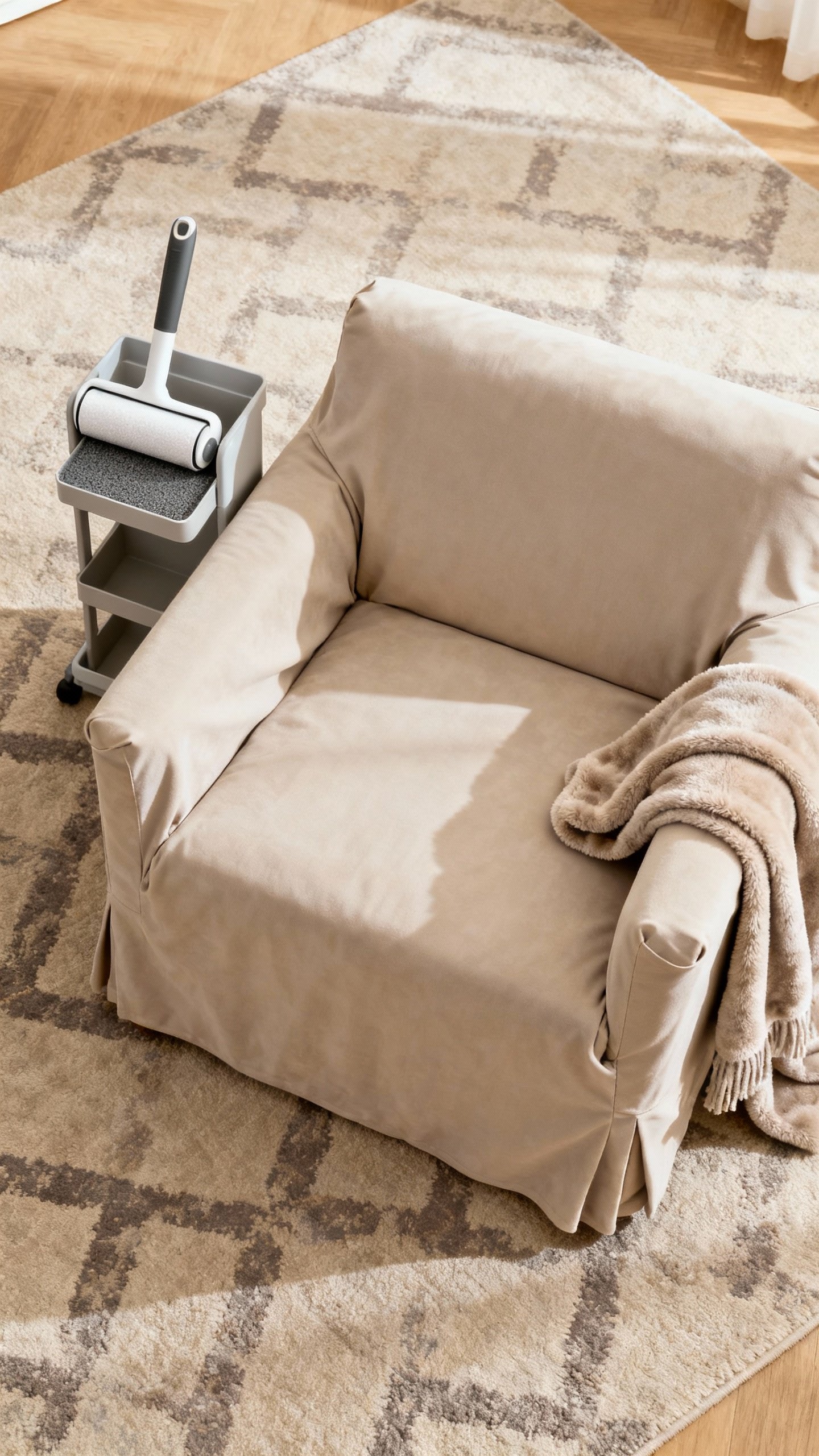 Overhead shot of washable slipcovered sofa with lint roller station and fleece throw, mid-tone rug p