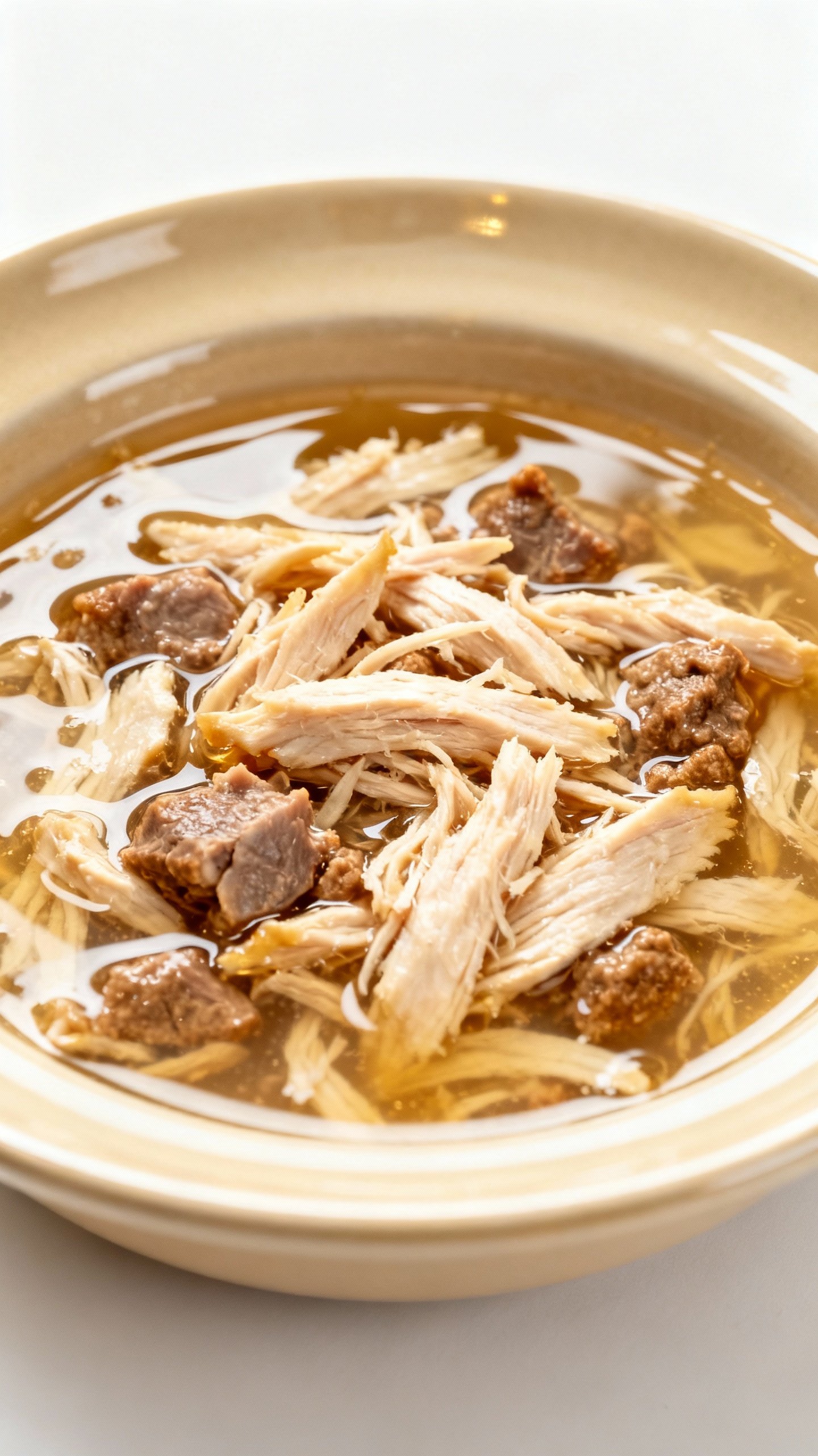 Overhead shot of wet cat food in bowl, shredded chicken and organ meats in broth