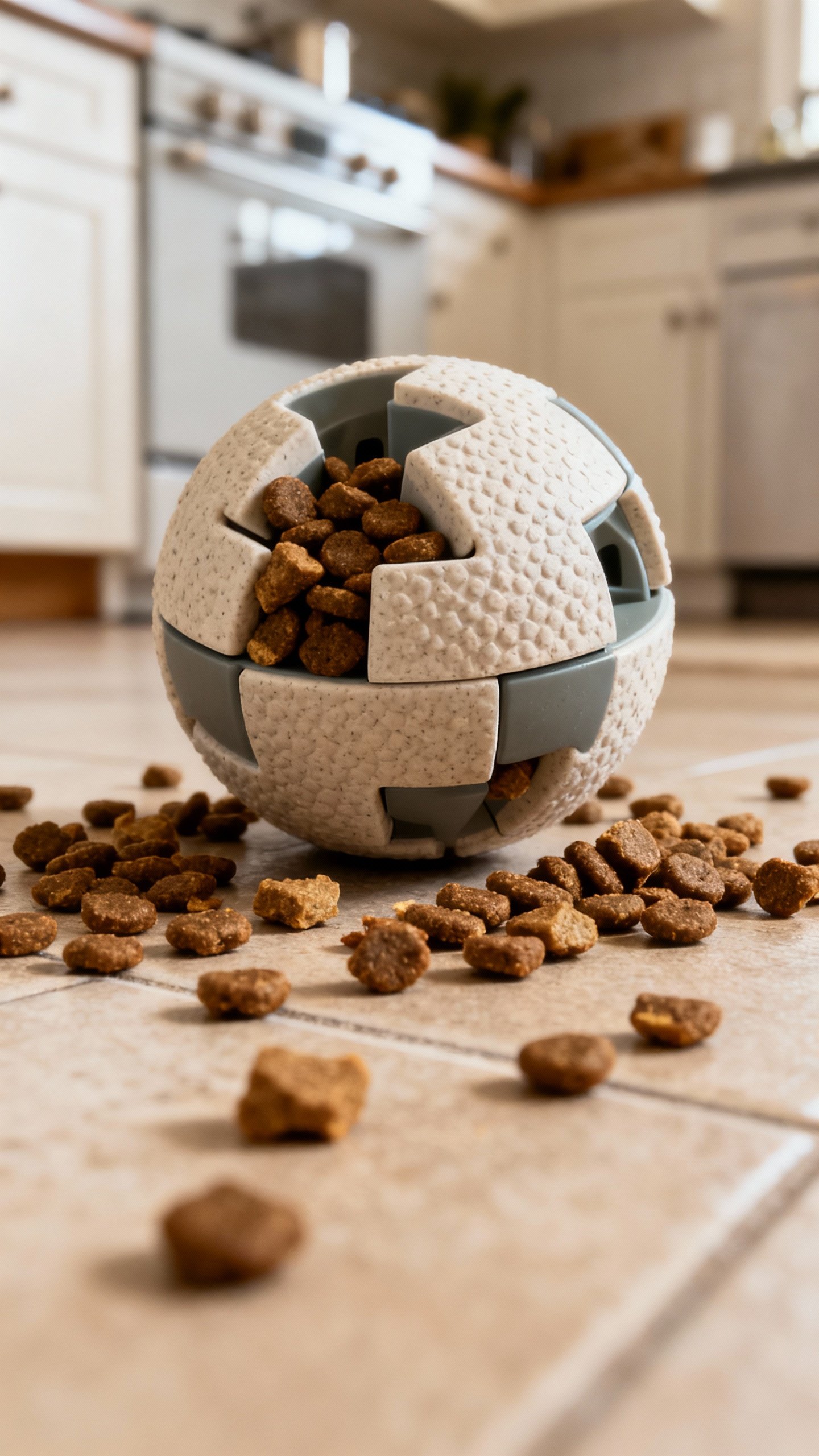 Puzzle feeder ball dispensing kibble on kitchen floor, closeup