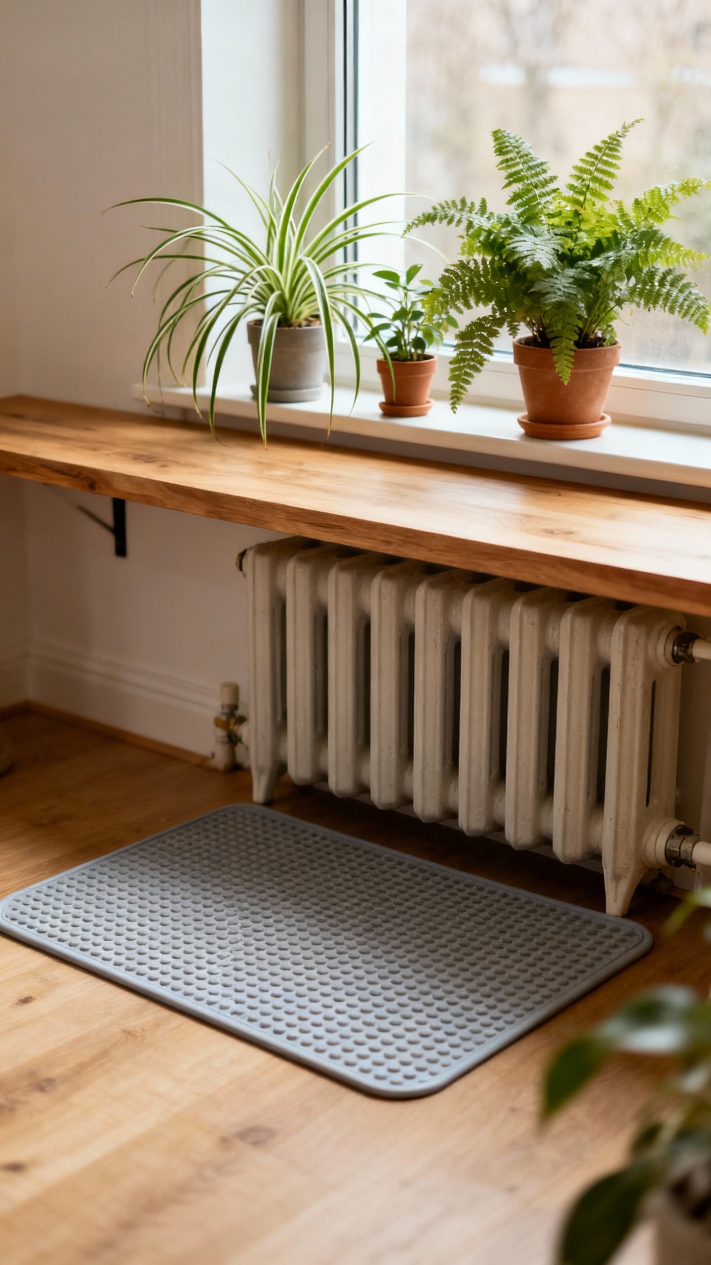 Radiator under window with cat-safe plants, wide shelf, non-slip mat