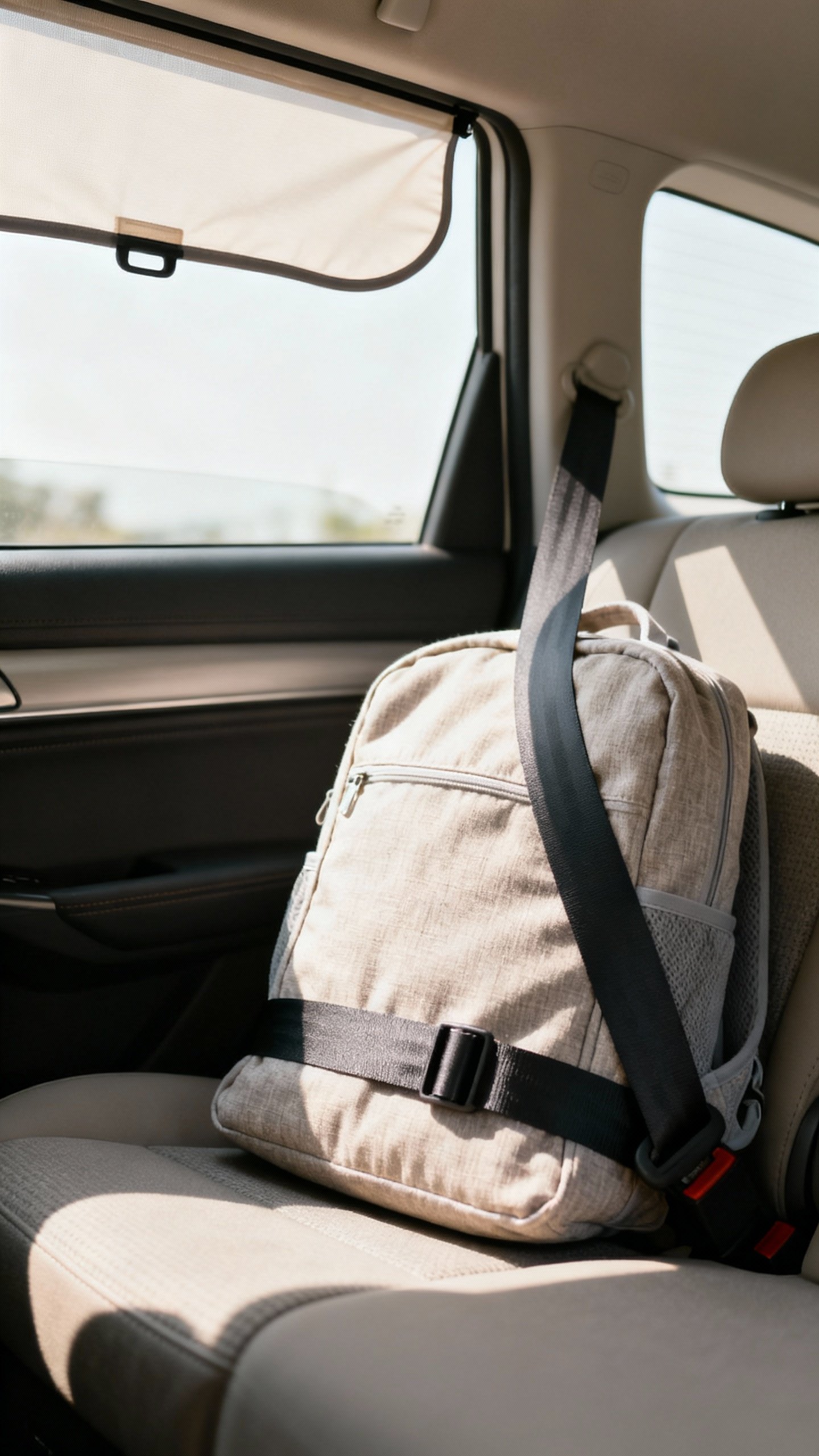 Seatbelt securing soft-sided carrier on car seat, sunshade on window