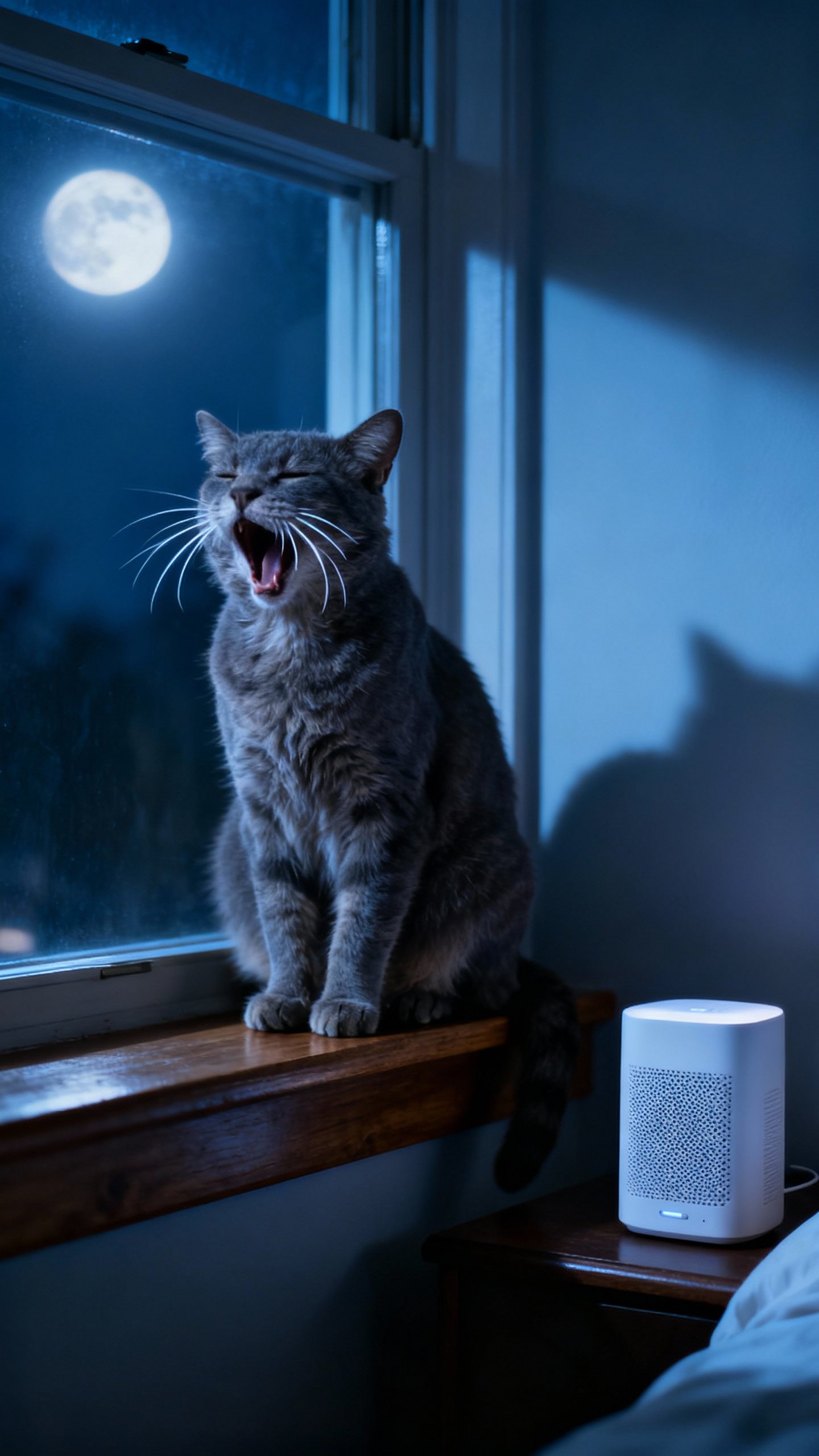 Senior gray cat yowling at night window, moonlit room, white noise machine