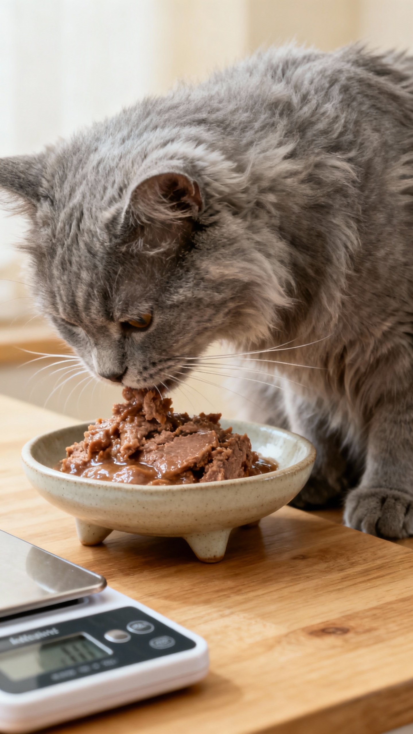 Senior grey cat eating pâté wet food, shallow ceramic dish, kitchen scale nearby