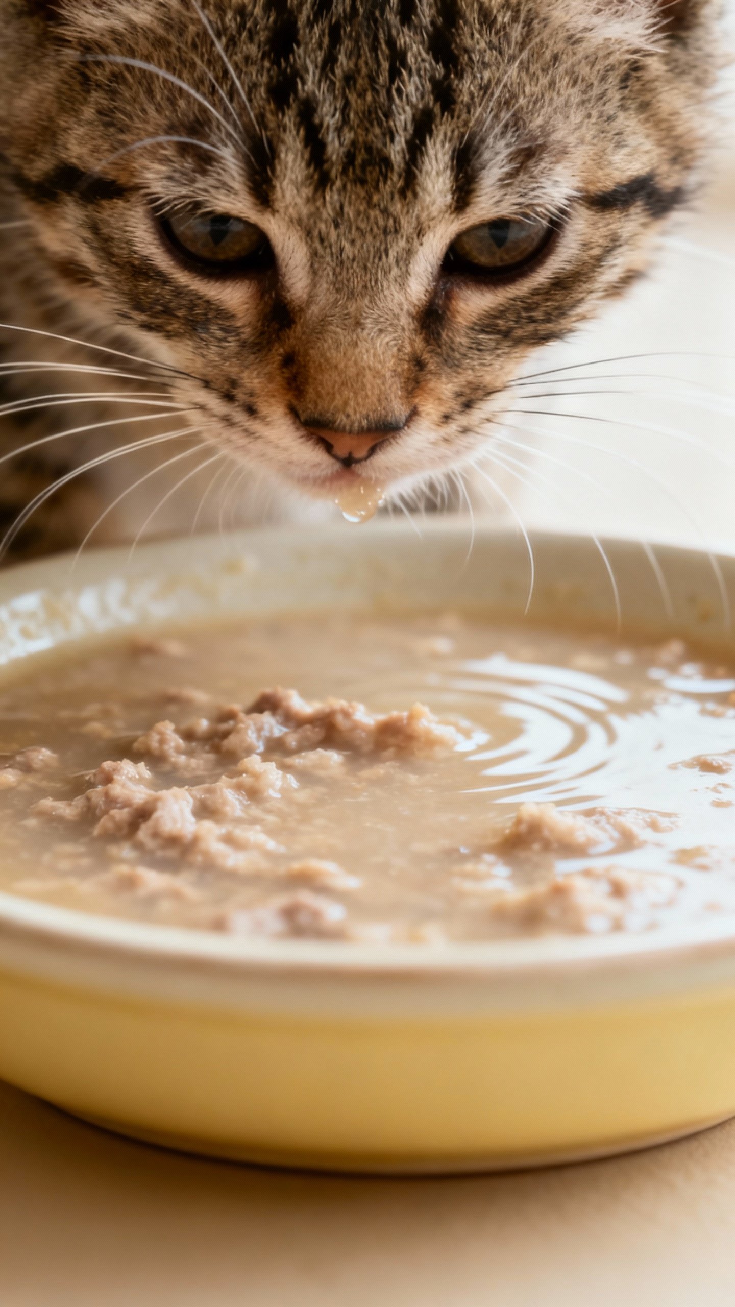 Shallow dish of soupy kitten gruel, messy whiskered tabby face