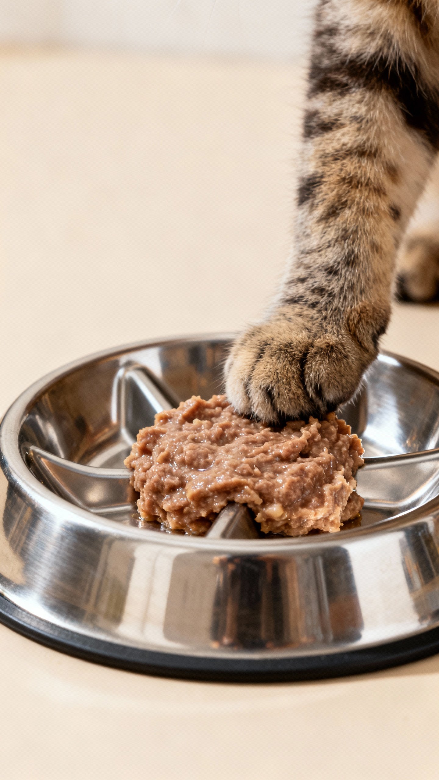 Stainless slow-feed plate with wet kitten food, paw-sized portions
