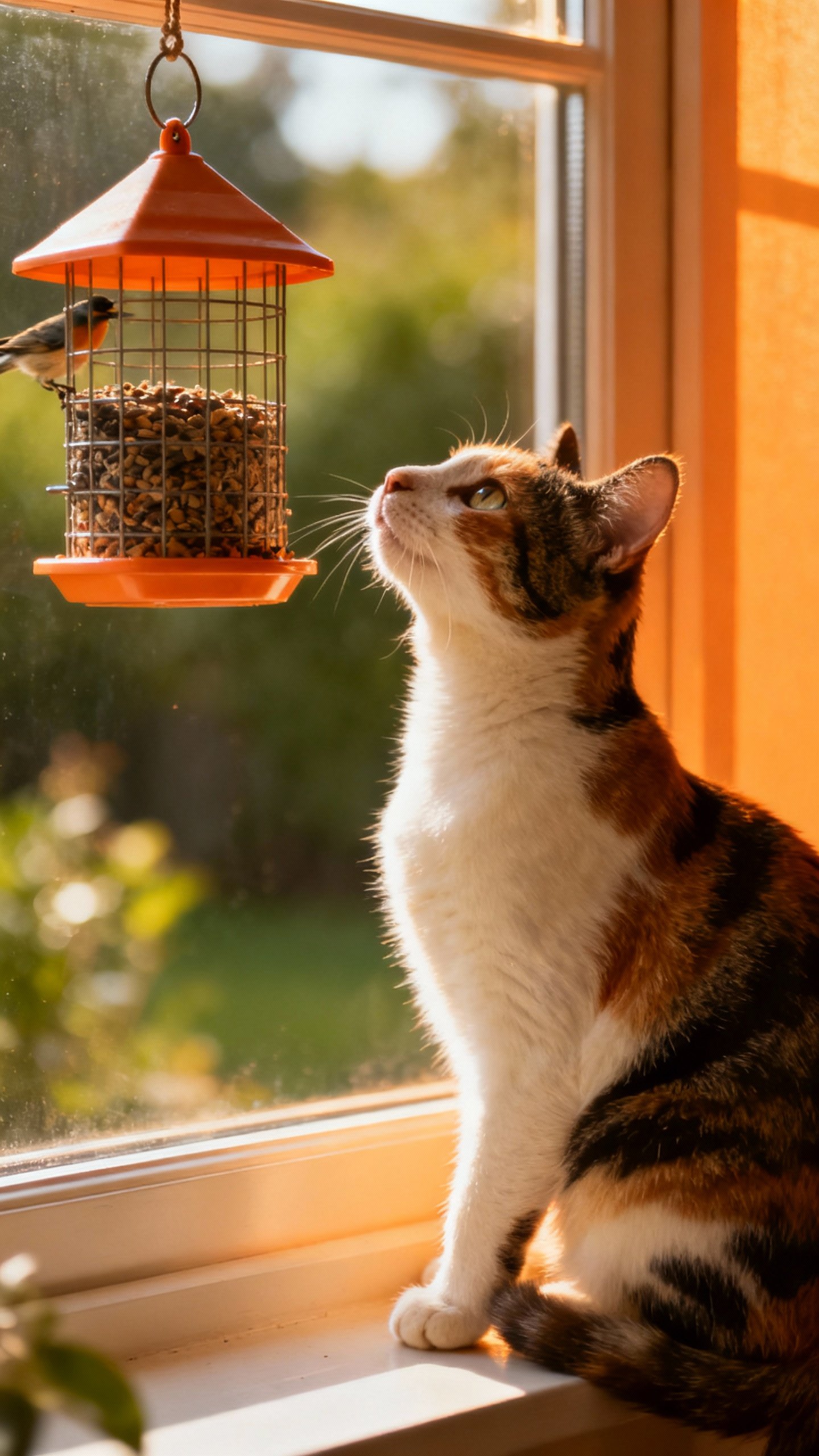 Sunlit windowsill perch with bird feeder outside, calico cat watching intently