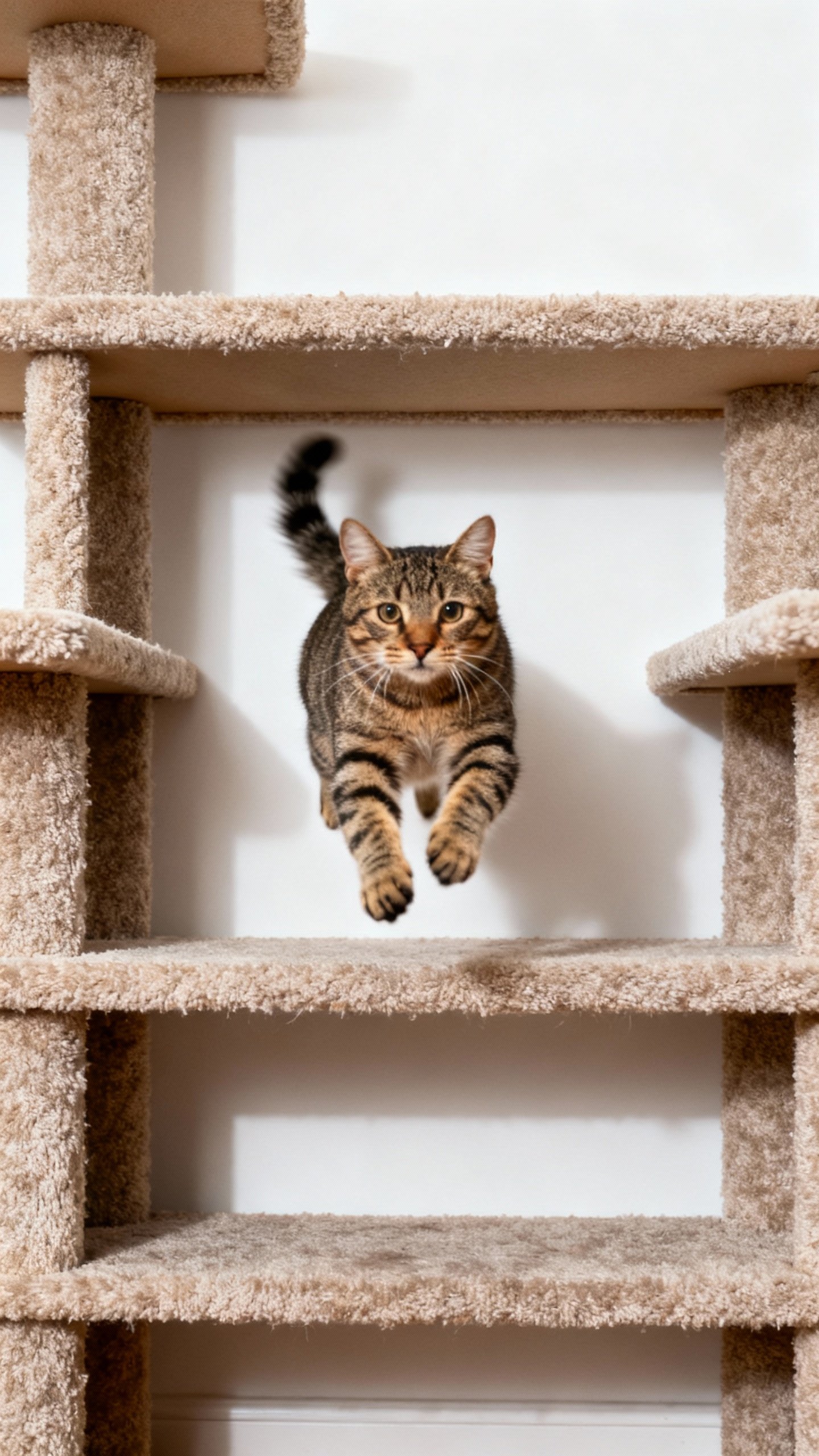 Tabby cat mid-leap between carpet-tiled shelves, 12-inch spacing, white wall background
