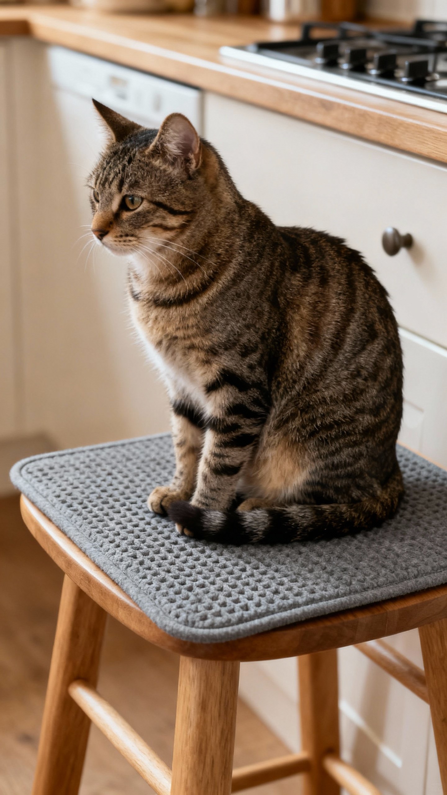 Tabby cat on dedicated kitchen stool with gray mat, side view