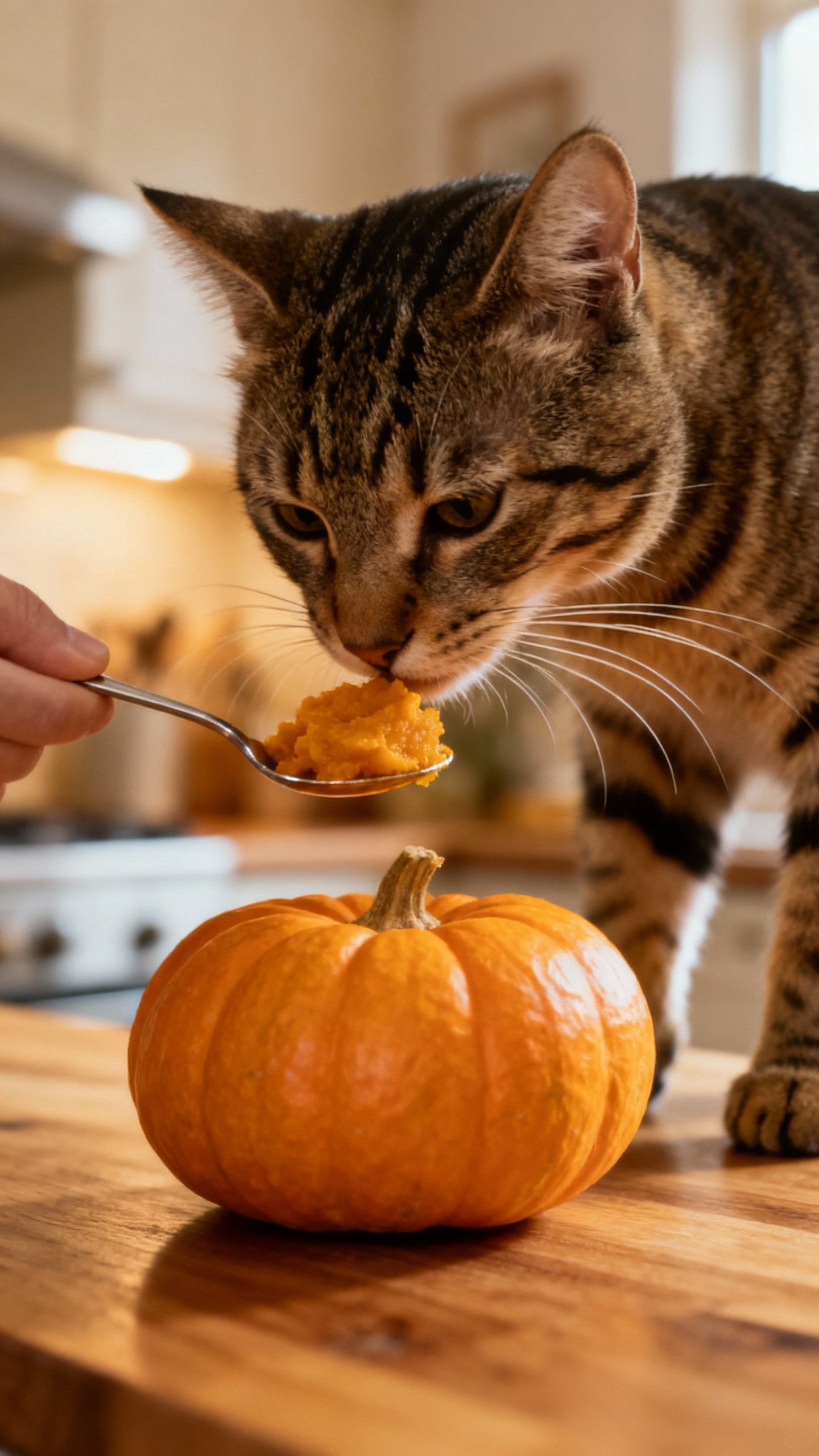 Tabby cat sniffing small spoonful of plain pumpkin, kitchen counter