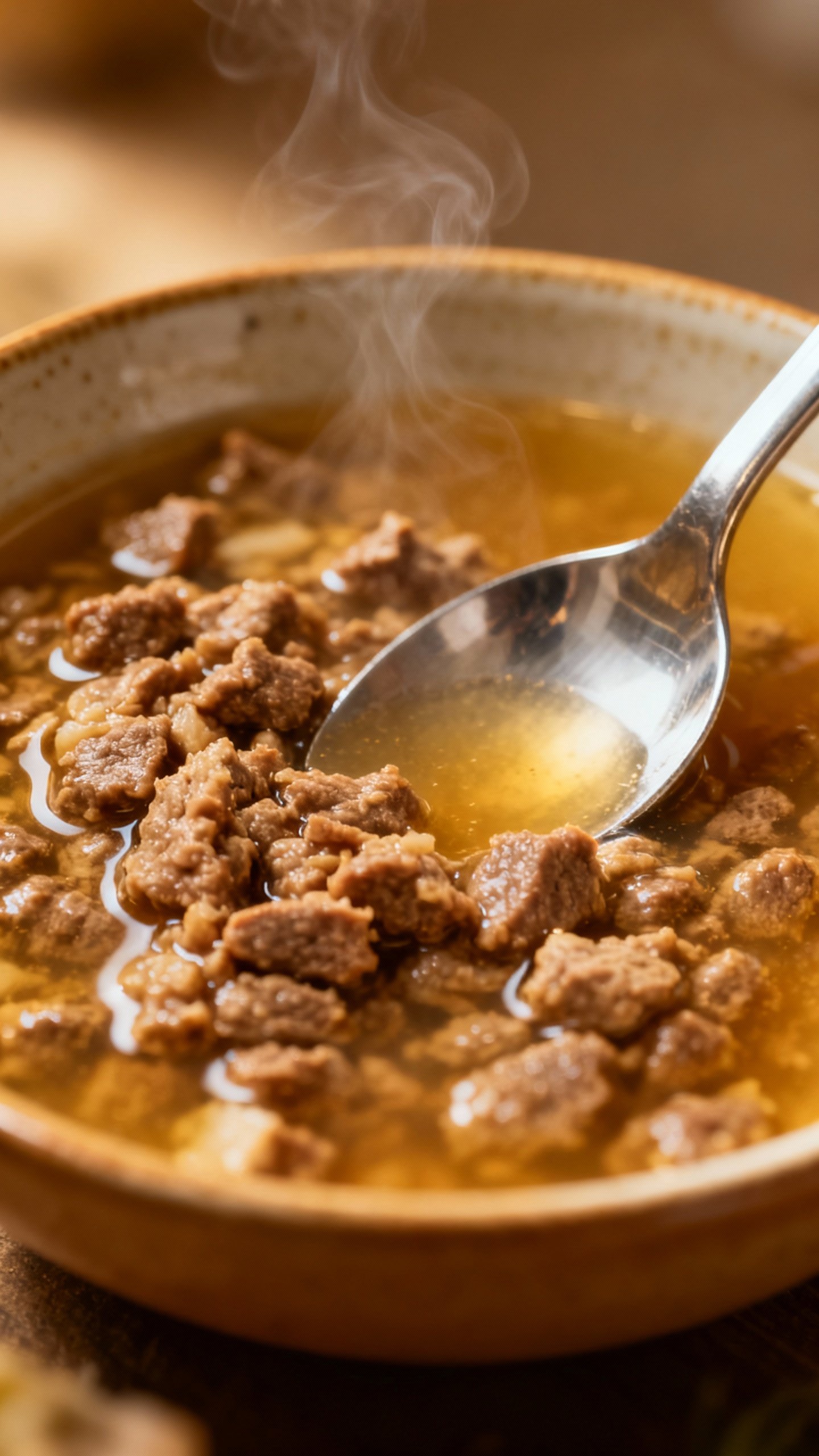 Wet cat food mixed with warm broth, spoon stirring, steam