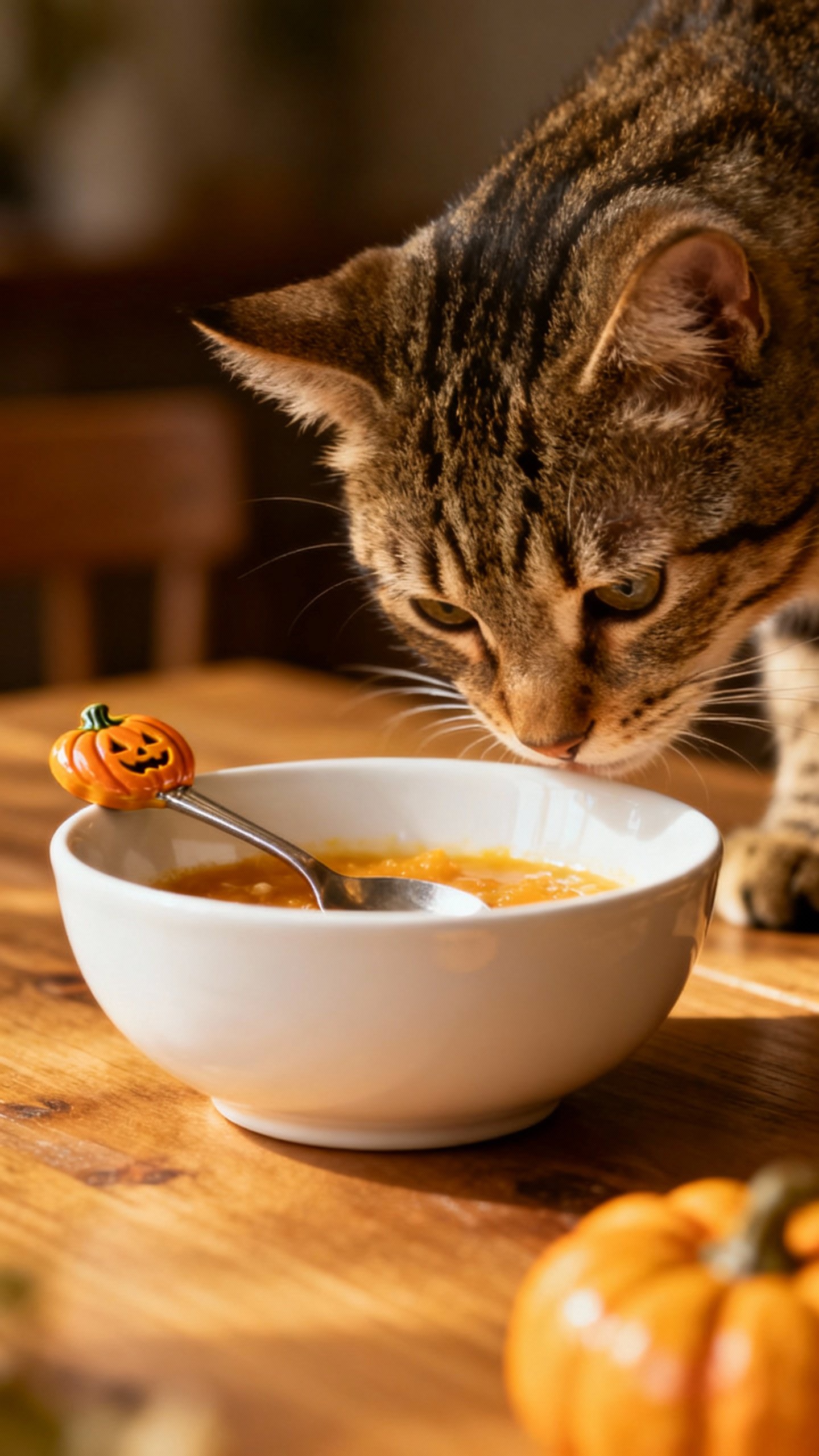 White ceramic bowl with pumpkin teaspoon, curious tabby sniffing