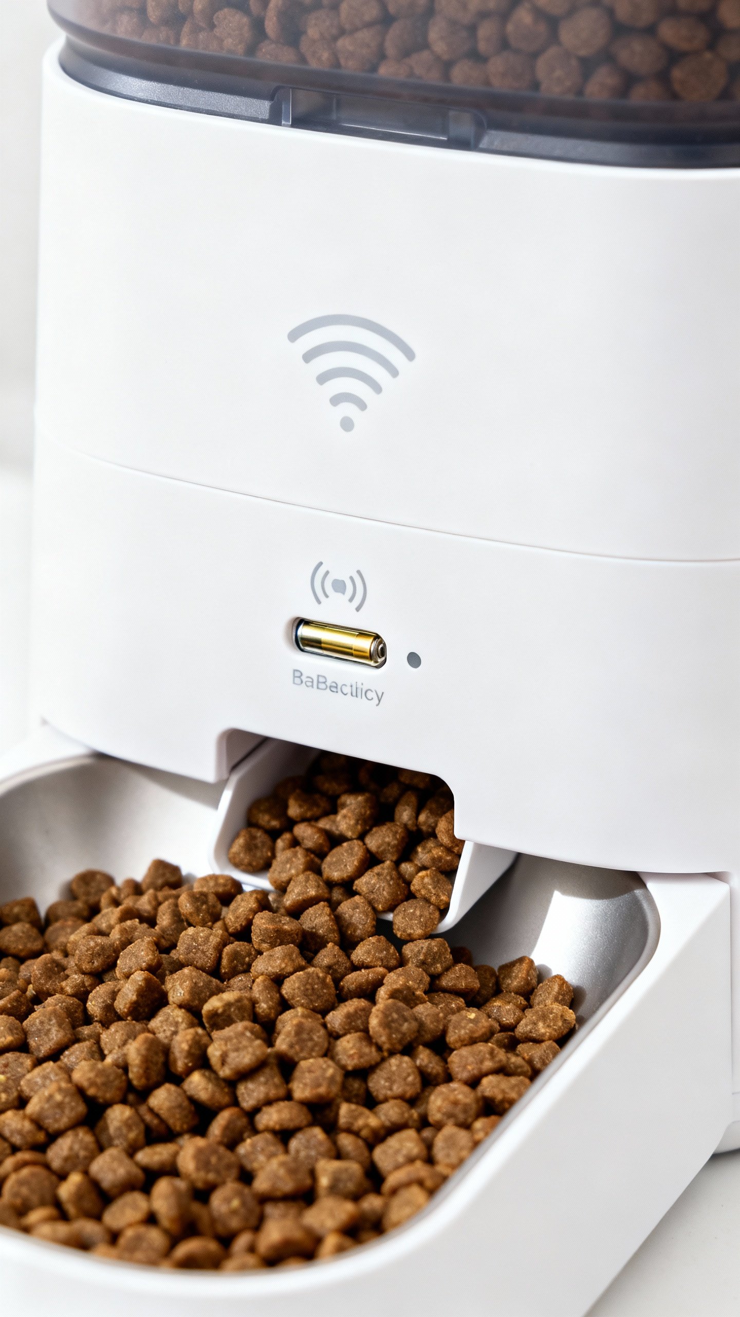 White RFID smart feeder dispensing dry kibble, jam-proof chute, battery backup indicator