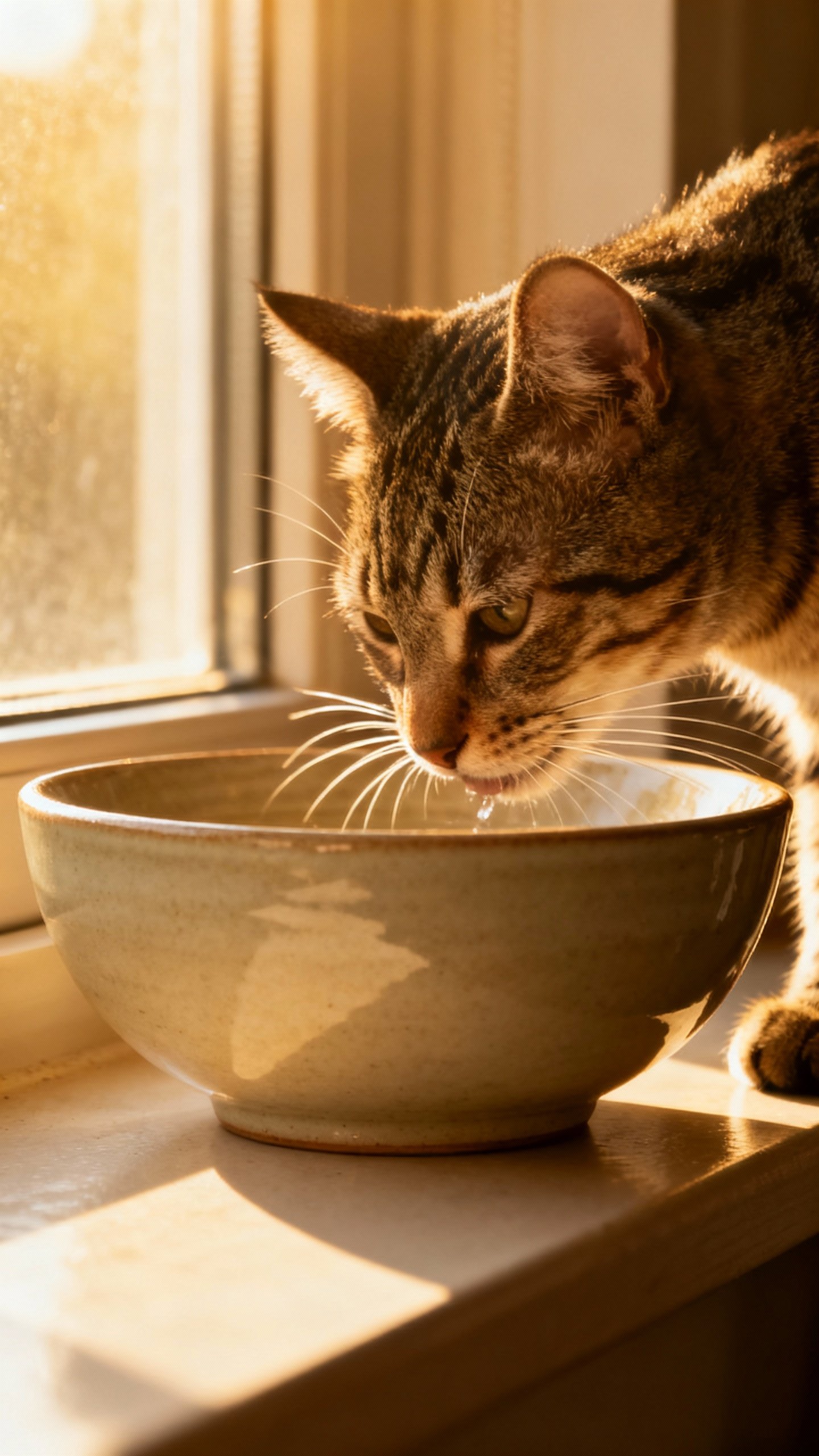 Wide shallow ceramic bowl near sunny window perch, tabby whiskers sipping