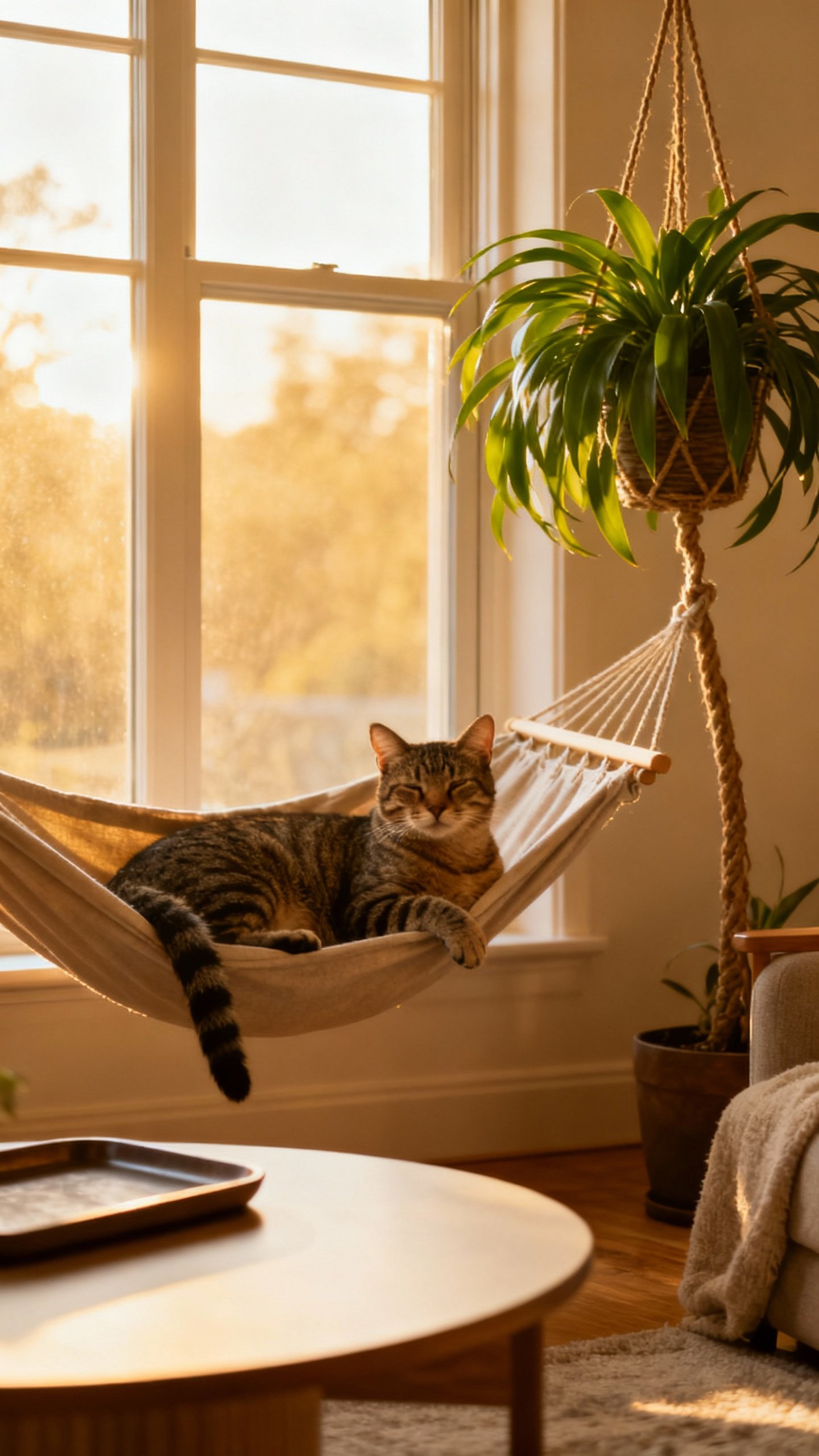 Window hammock with tabby cat lounging beside hanging parlor palm, rounded-edge coffee table with tr