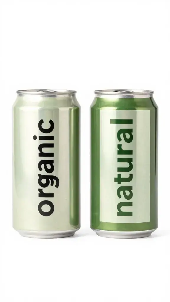 Side-by-side cans labeled “organic” and “natural,” white background