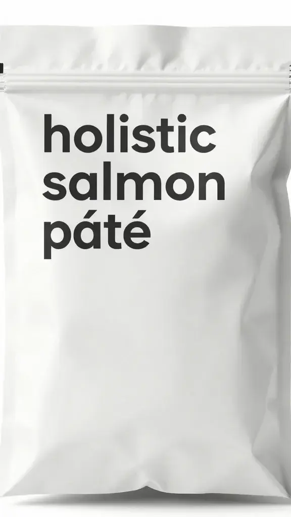 Minimalist bag reading “holistic salmon pâté,” macro product shot