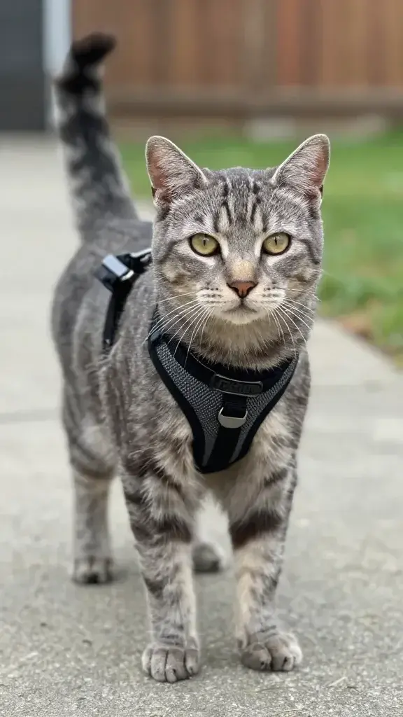 Gray tabby wearing escape-proof vest harness, backyard path