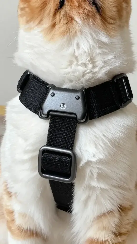 Close-up of dual-clip cat harness buckles on calico