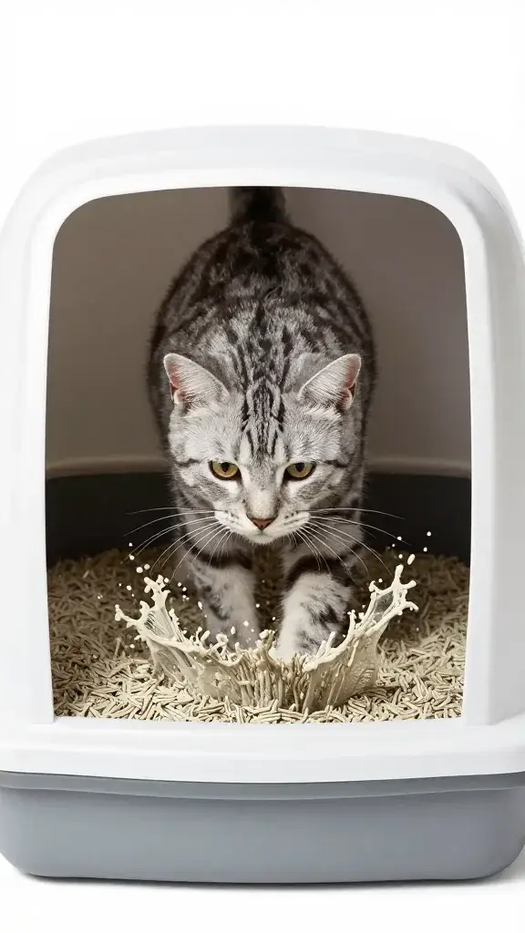 Gray tabby using top-entry litter box, litter mid-splash