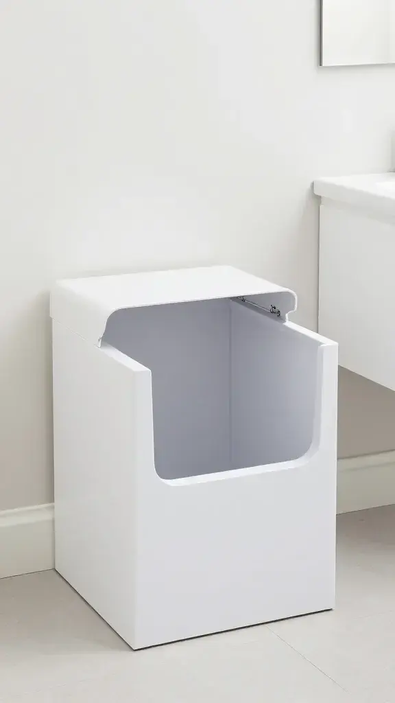 Open uncovered litter box with high sides, clean minimalist bathroom
