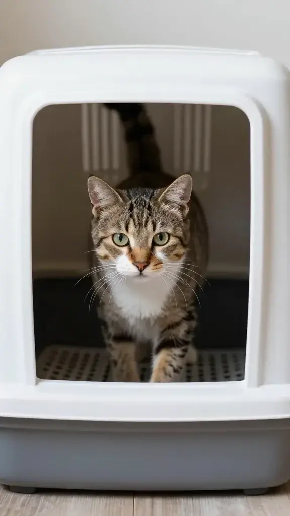 Covered litter box with doorway, cat entering confidently, soft daylight
