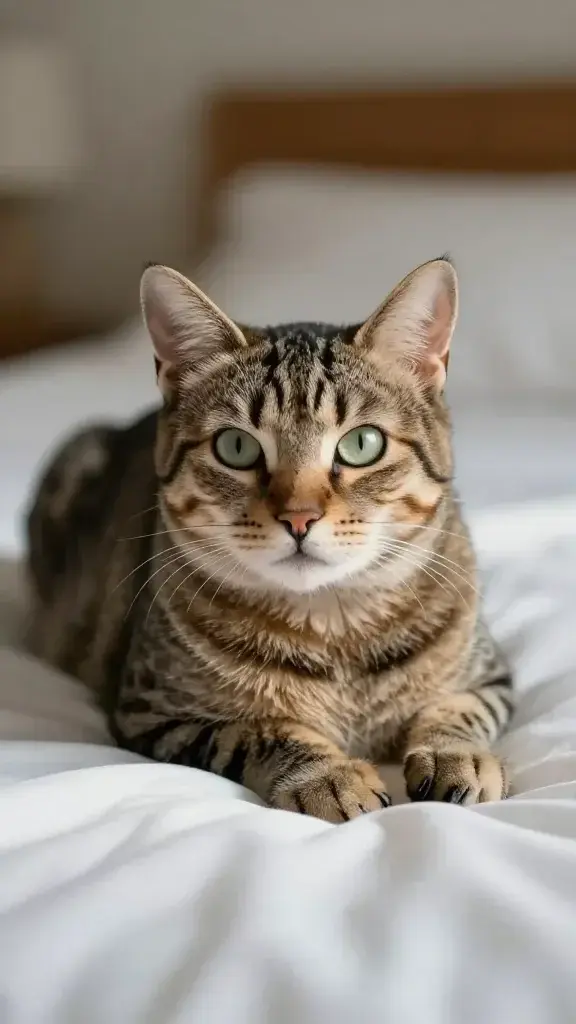 Senior tabby cat on heated bed, soft morning light