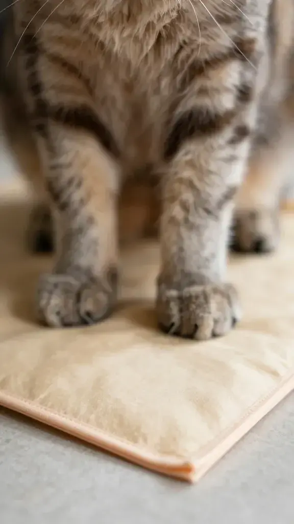 Close-up arthritic cat paws on warming pad, neutral background