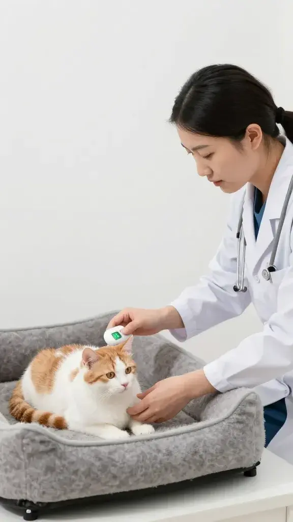 Veterinarian checking heated cat bed temperature, clinical setting