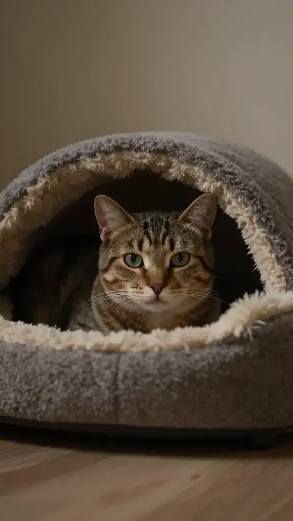 anxious tabby in covered cat bed, dim cozy corner