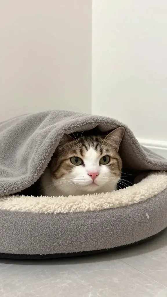 calico peeking from hooded cat bed, living room corner